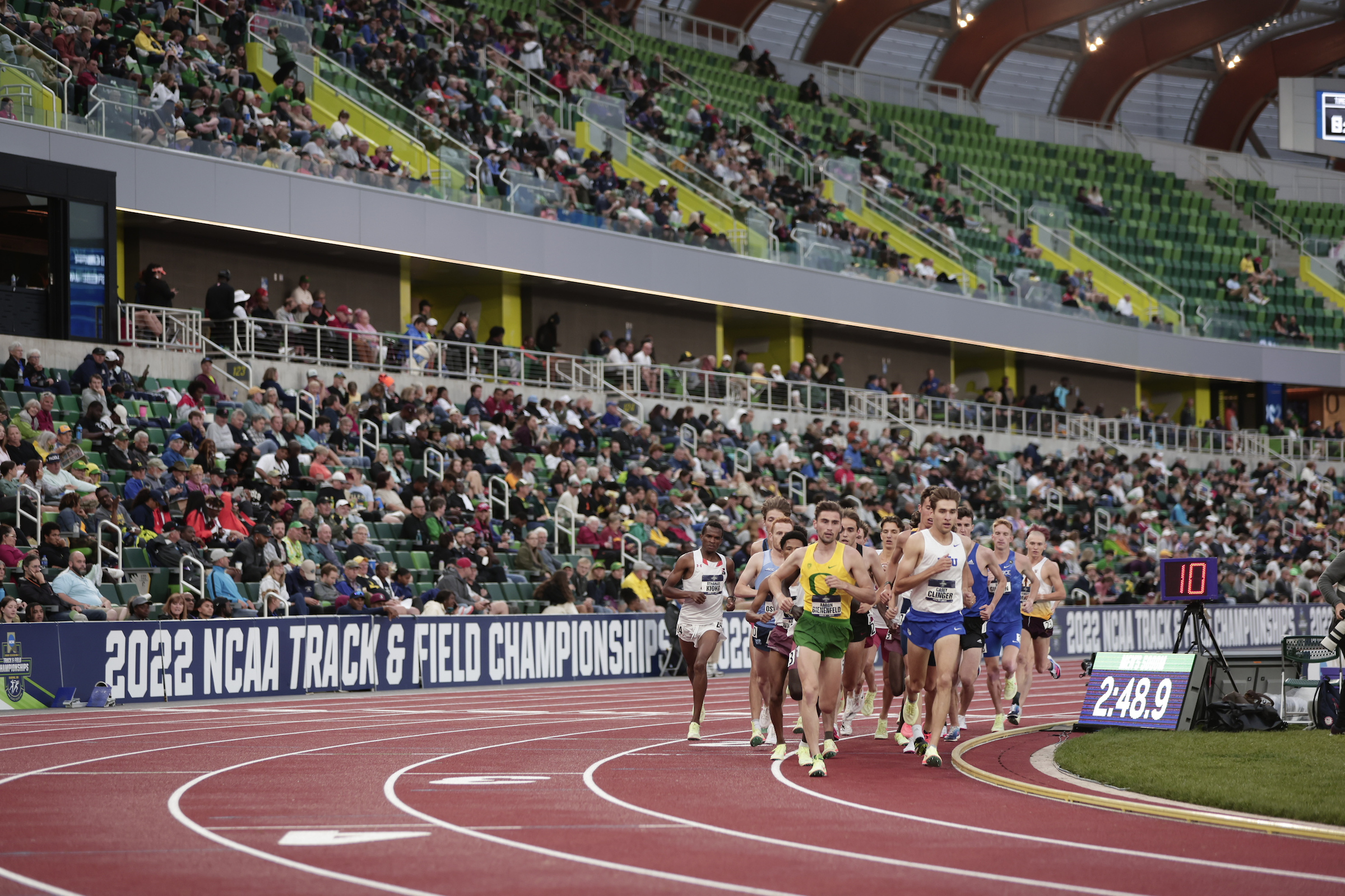 BYU distance runner Casey Clinger leads the pack before finishing 10th in the 5,000-meter run, Friday, June 10, 2022 at the NCAA track and field championships in Eugene, Oregon.