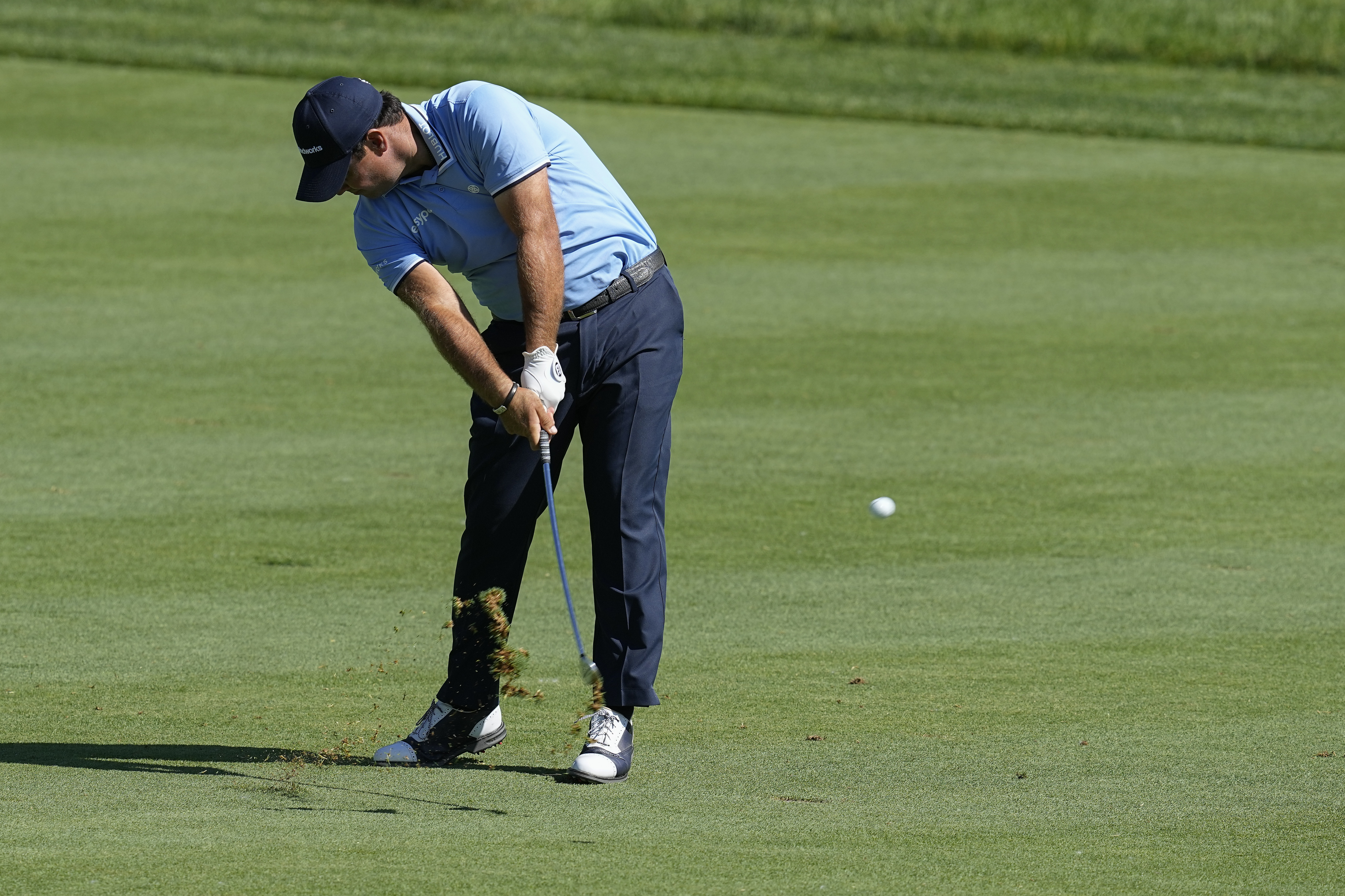 Patrick Reed hits from the 18th fairway during the second round of the Memorial golf tournament Friday, June 3, 2022, in Dublin, Ohio. 