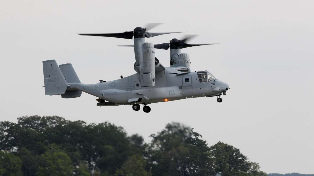 FILE - A MV-22B Osprey tiltrotor aircraft flies at Marine Corps Air Facility at Marine Corps Base in Quantico, Va., on on Aug. 3, 2012. Officials say a Marine Corps MV-22B Osprey carrying five Marines crashed in the Southern California desert, Wednesday afternoon, June 8, 2022, during training in a remote area near the community of Glamis in Imperial County. Military officials have yet to release official word on the fate of the five Marines.