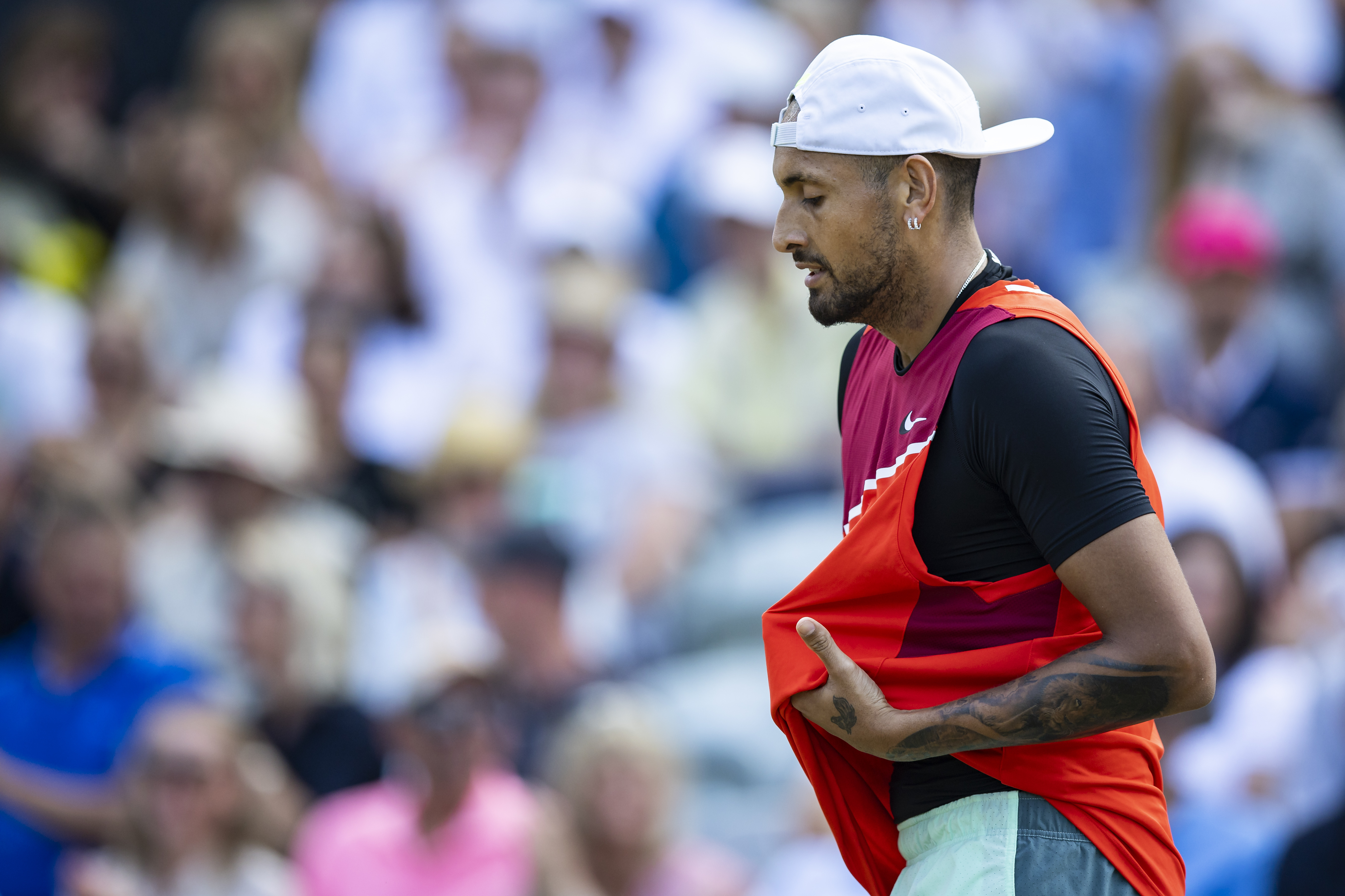 Australia's Nick Kyrgios reacts during his ATP tennis semifinals match against Britain's Andy Murray in Stuttgart, Germany, Saturday, June 11, 2022. 