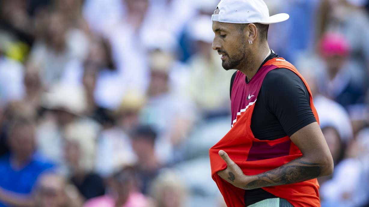 Australia's Nick Kyrgios reacts during his ATP tennis semifinals match against Britain's Andy Murray in Stuttgart, Germany, Saturday, June 11, 2022.