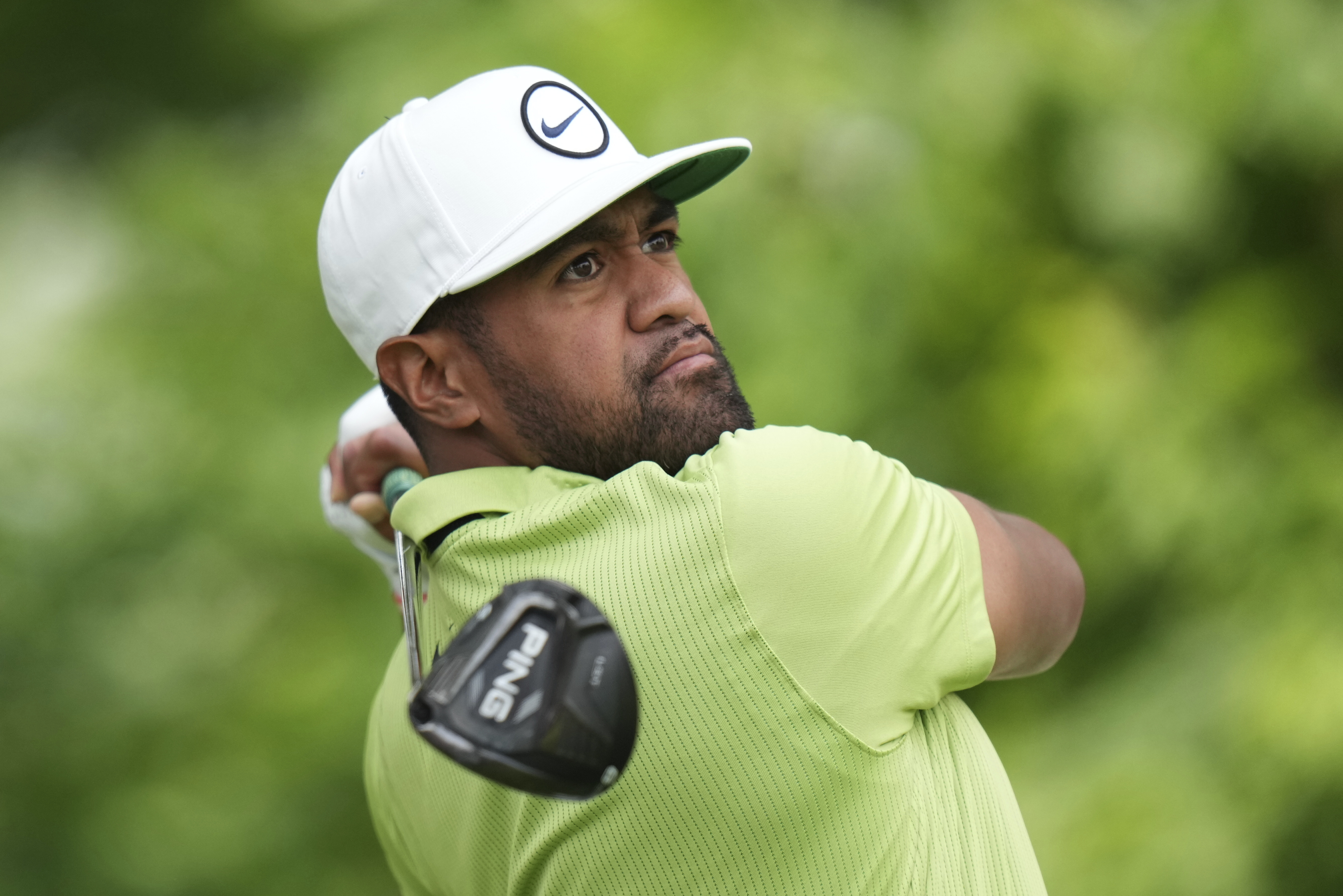 Tony Finau watches his tee shot on the second hole during the fourth round of the Canadian Open golf tournament in Toronto on Sunday, June 12, 2022.