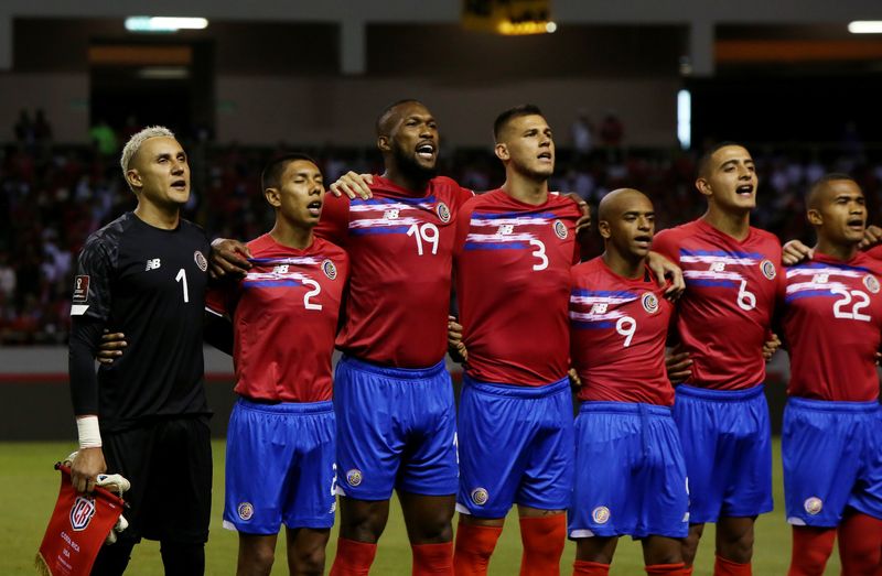 FILE PHOTO: Soccer Football - World Cup - Concacaf Qualifiers - Costa Rica v United States - Estadio Nacional, San Jose, Costa Rica - March 30, 2022 Costa Rica's Keylor Navas with teammates line up during the national anthems before the match