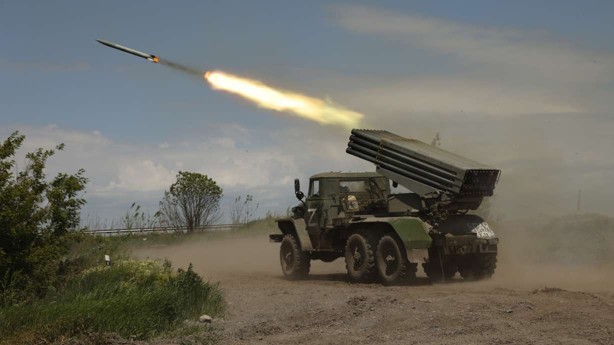 A Donetsk People's Republic militia's multiple rocket launcher fires from its position not far from Panteleimonivka, in territory under the government of the Donetsk People's Republic, eastern Ukraine, May 28. Day after day, Russia is pounding the Donbas region of Ukraine with relentless artillery and air raids, making slow but steady progress to seize the industrial heartland of its neighbor.
