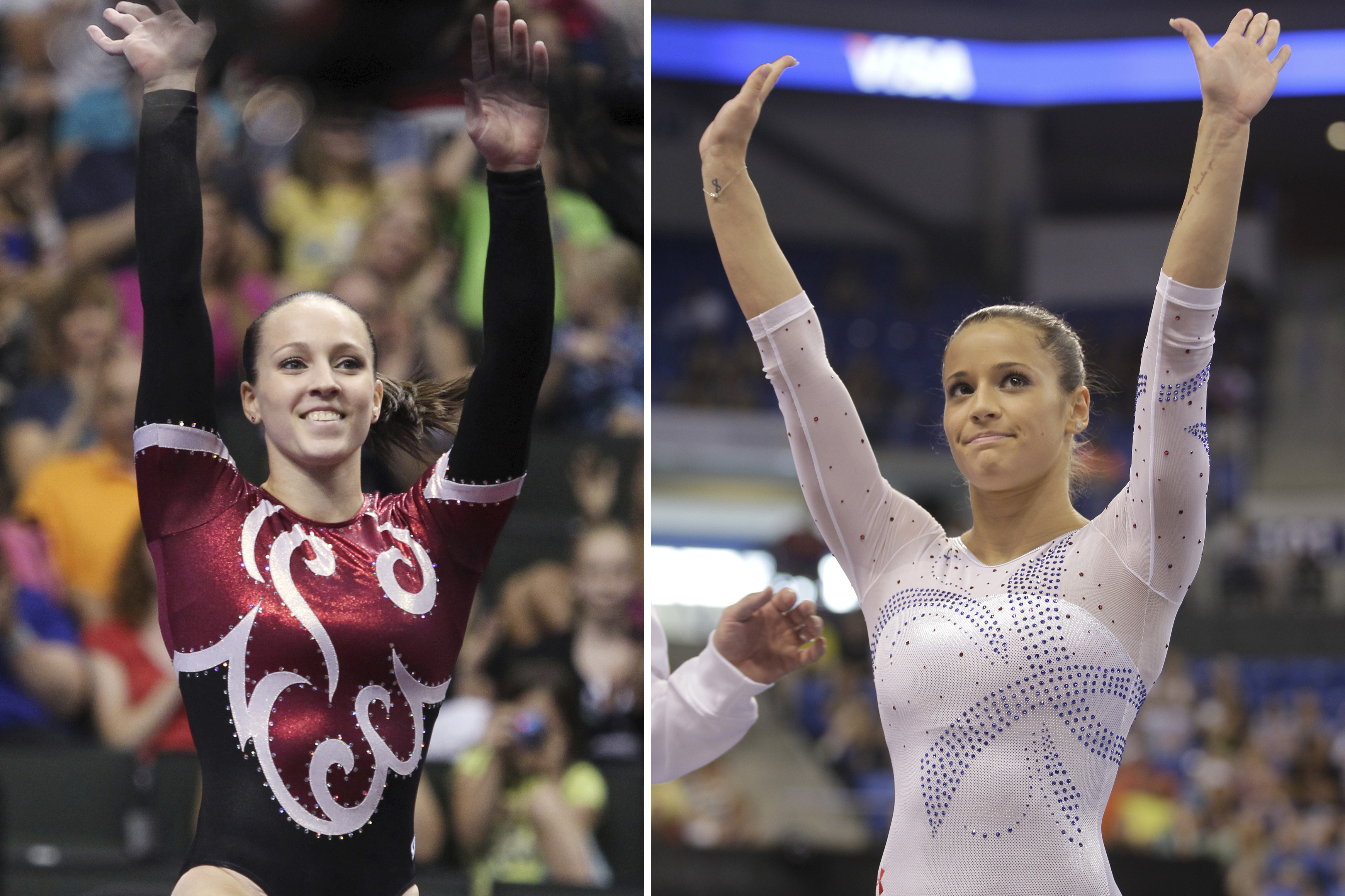 FILE - At left, Chellsie Memmel is shown during the final round of the U.S. gymnastics championships, Saturday, Aug. 20, 2011, in St. Paul, Minn. At right, Alicia Sacramone waves to the crowd during the women's senior division at the U.S. gymnastics championships, Sunday, June 10, 2012, in St. Louis. Alicia Sacramone Quinn and Chellsie Memmel won Olympic and world championship medals together. Now the two longtime friends and USA Gymnastics teammates are tasked with leading the organization back to the top of the podium. 