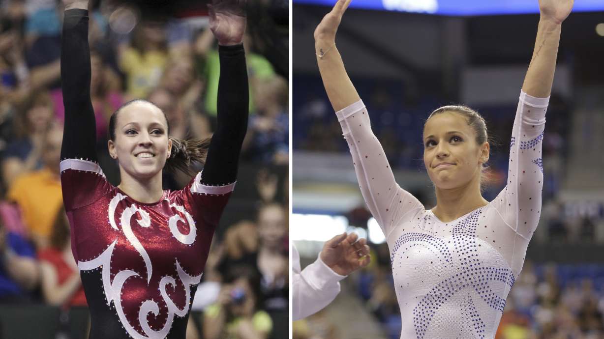 FILE - At left, Chellsie Memmel is shown during the final round of the U.S. gymnastics championships, Saturday, Aug. 20, 2011, in St. Paul, Minn. At right, Alicia Sacramone waves to the crowd during the women's senior division at the U.S. gymnastics championships, Sunday, June 10, 2012, in St. Louis. Alicia Sacramone Quinn and Chellsie Memmel won Olympic and world championship medals together. Now the two longtime friends and USA Gymnastics teammates are tasked with leading the organization back to the top of the podium.