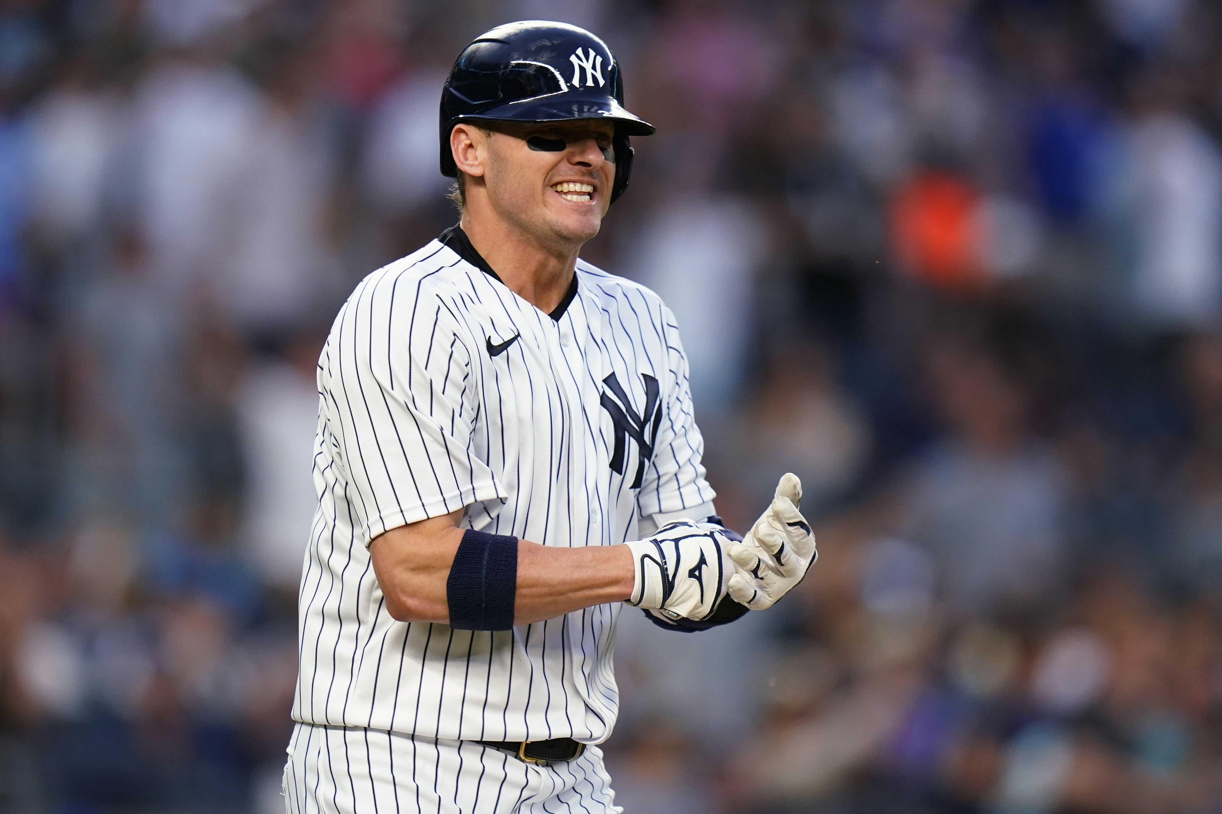 New York Yankees' Josh Donaldson reacts after flying out to end the third inning of the team's baseball game against the Chicago Cubs on Friday, June 10, 2022, in New York.