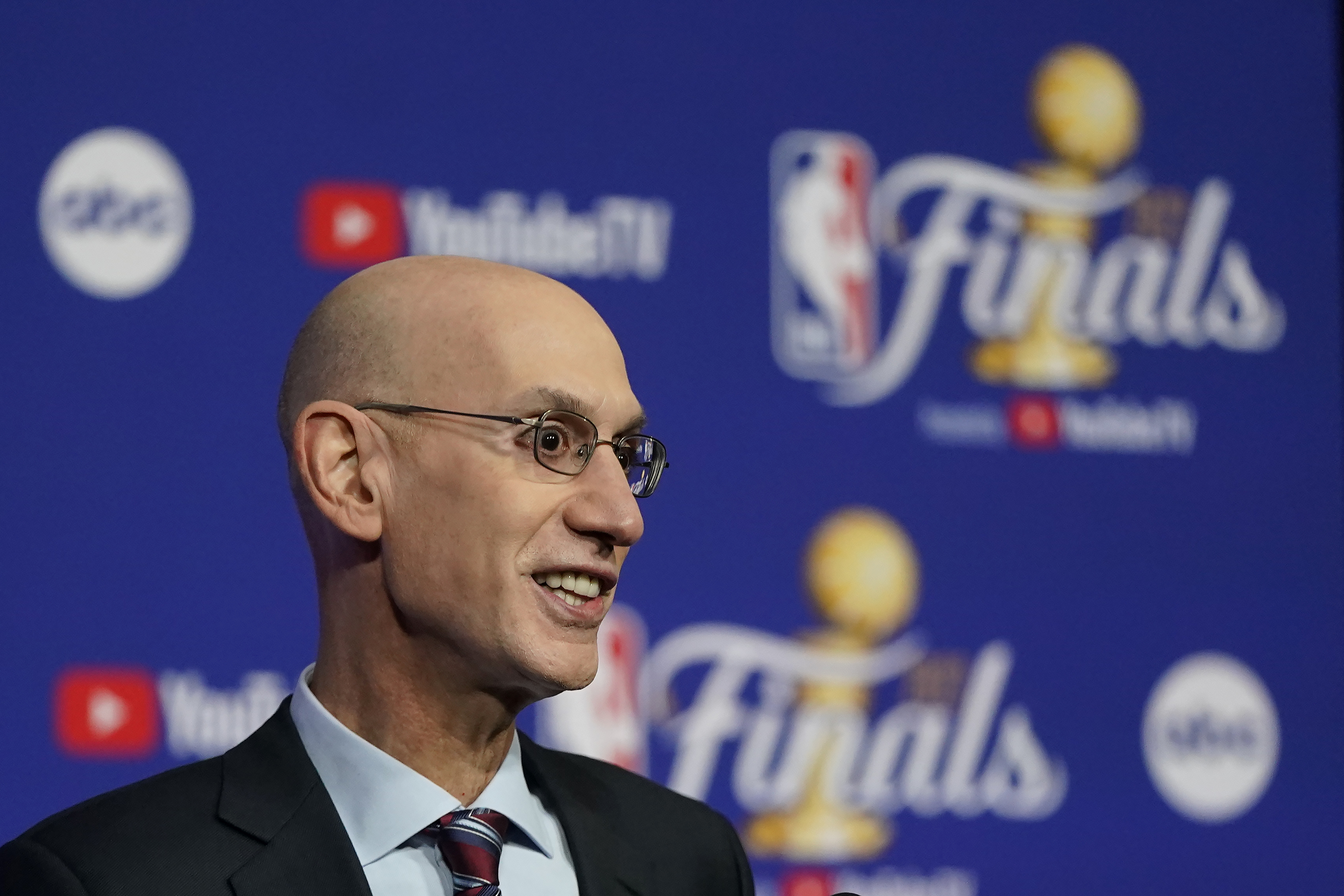 NBA Commissioner Adam Silver speaks at a news conference before Game 1 of basketball's NBA Finals between the Golden State Warriors and the Boston Celtics in San Francisco, Thursday, June 2, 2022. 
