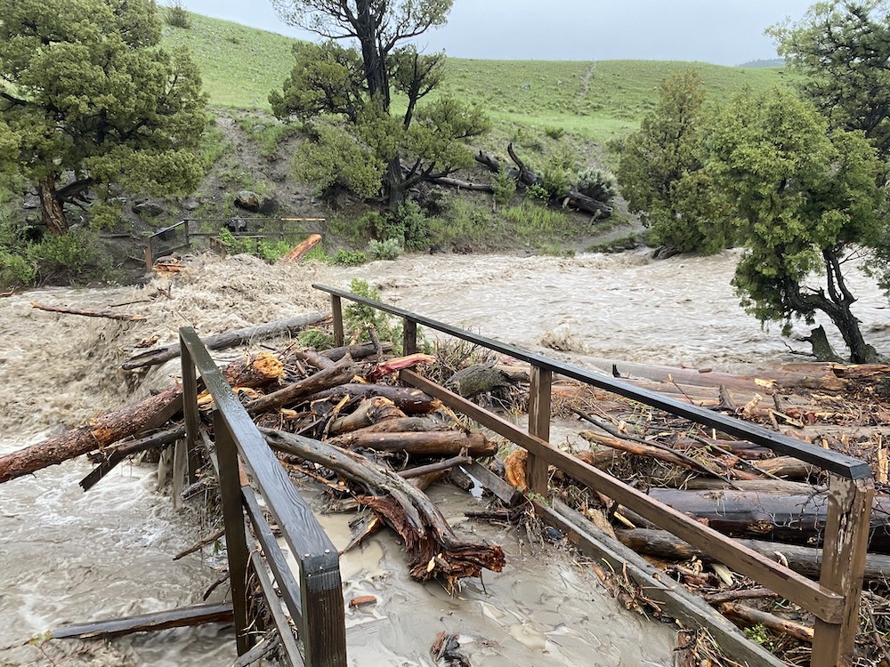 A washed-out bridge at Rescue Creek is pictured in Yellowstone National Park. Floods in Yellowstone National Park caused the park to close on Monday.
