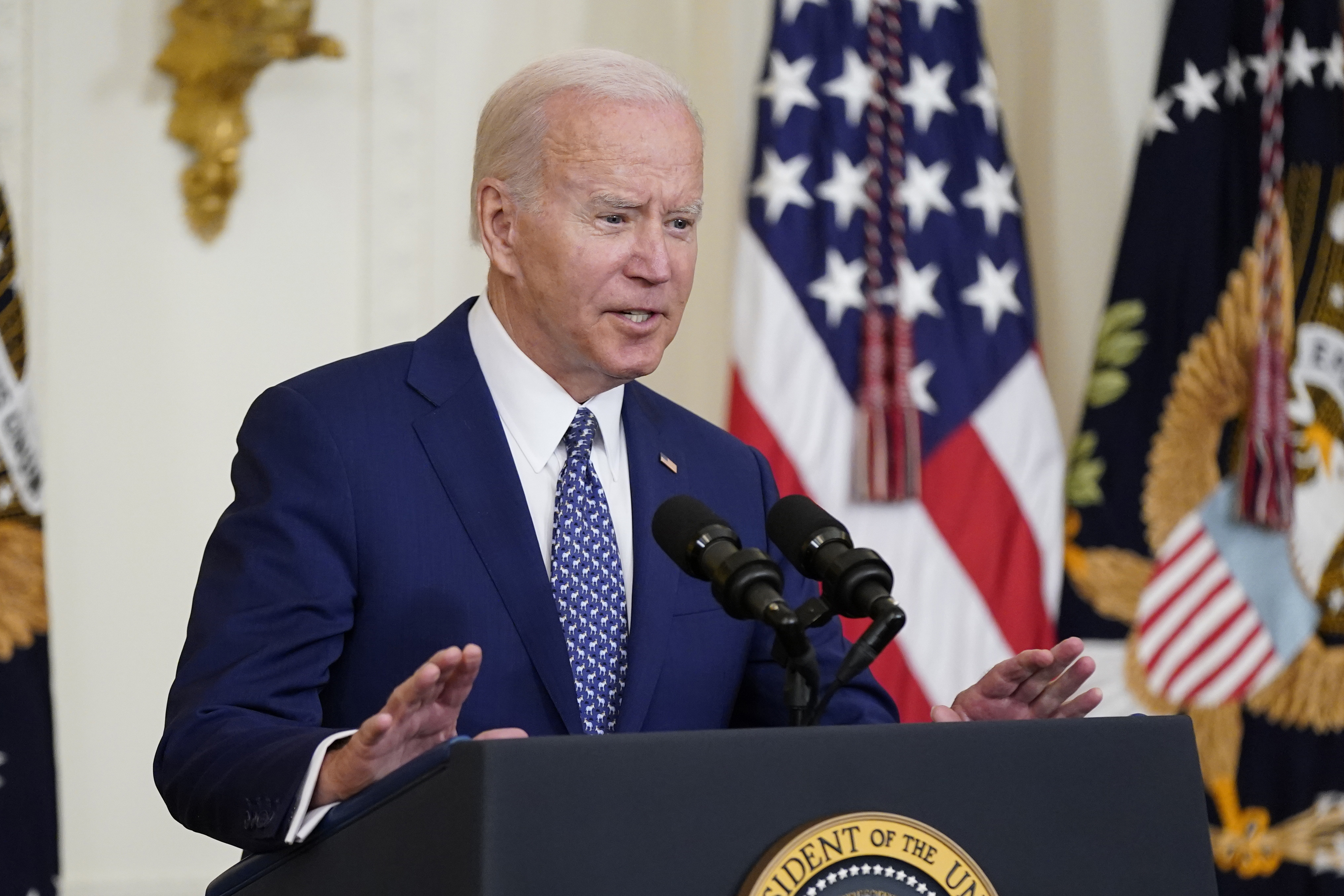 President Joe Biden speaks during a bill signing ceremony Monday in the East Room of the White House in Washington. Biden will make his first trip to the Middle East next month with visits to Israel, the West Bank and Saudi Arabia. 