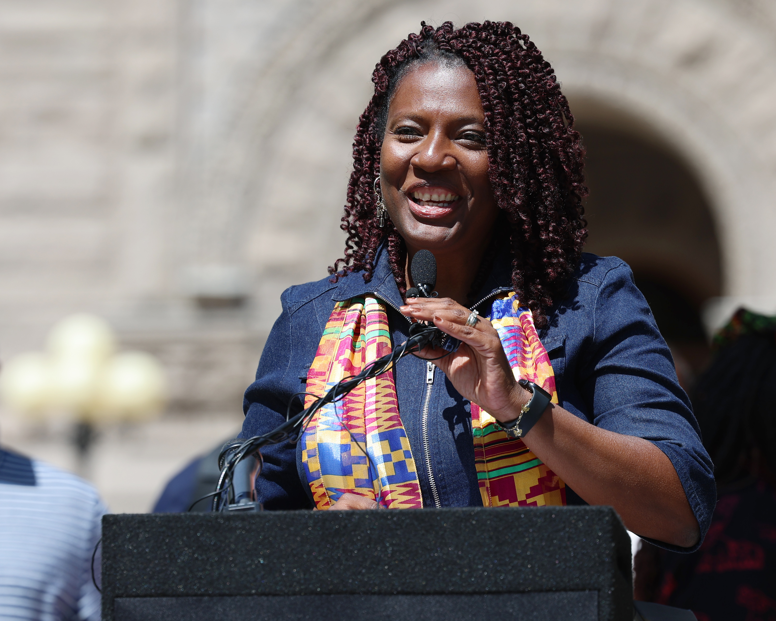 Rep. Sandra Hollins, D-Salt Lake City, speaks as she joins Salt Lake City Mayor Erin Mendenhall and leaders from the Black community, City Council, law enforcement and the state to raise the Juneteenth flag at the Salt Lake City-County Building on Tuesday, June 14, 2022.