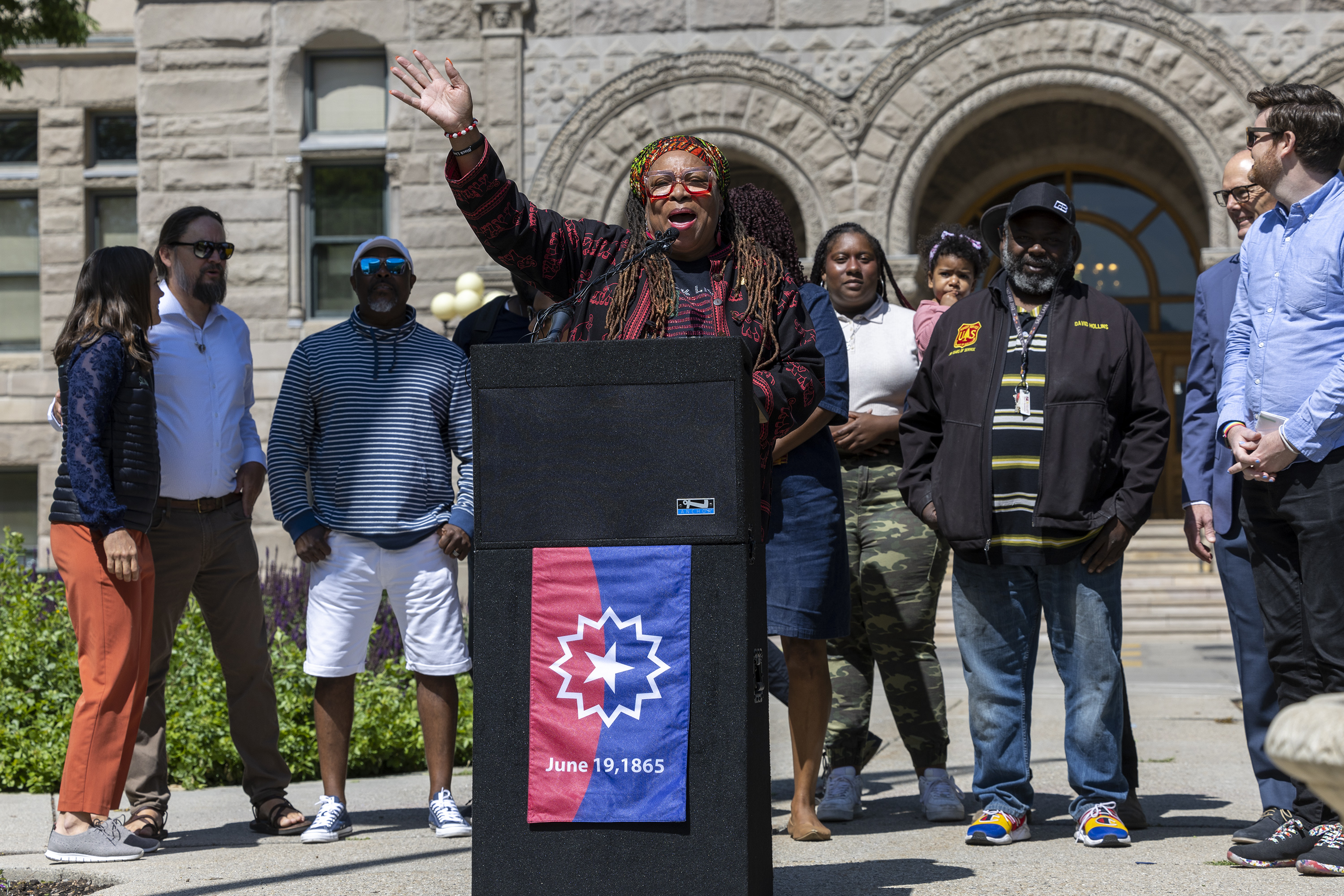 Betty Sawyer, Utah Juneteenth Festival and Holiday Committee member, speaks as she joins Salt Lake City Mayor Erin Mendenhall and leaders from the Black community, City Council, law enforcement and the state to raise the Juneteenth flag at the Salt Lake City-County Building on Tuesday, June 14, 2022.
