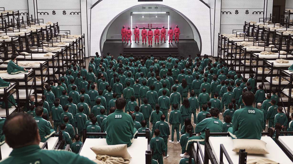 This image released by Netflix shows a scene from the popular Korean series "Squid Game." Netflix announced "Squid Game: The Challenge," a reality competition show, based on the series.