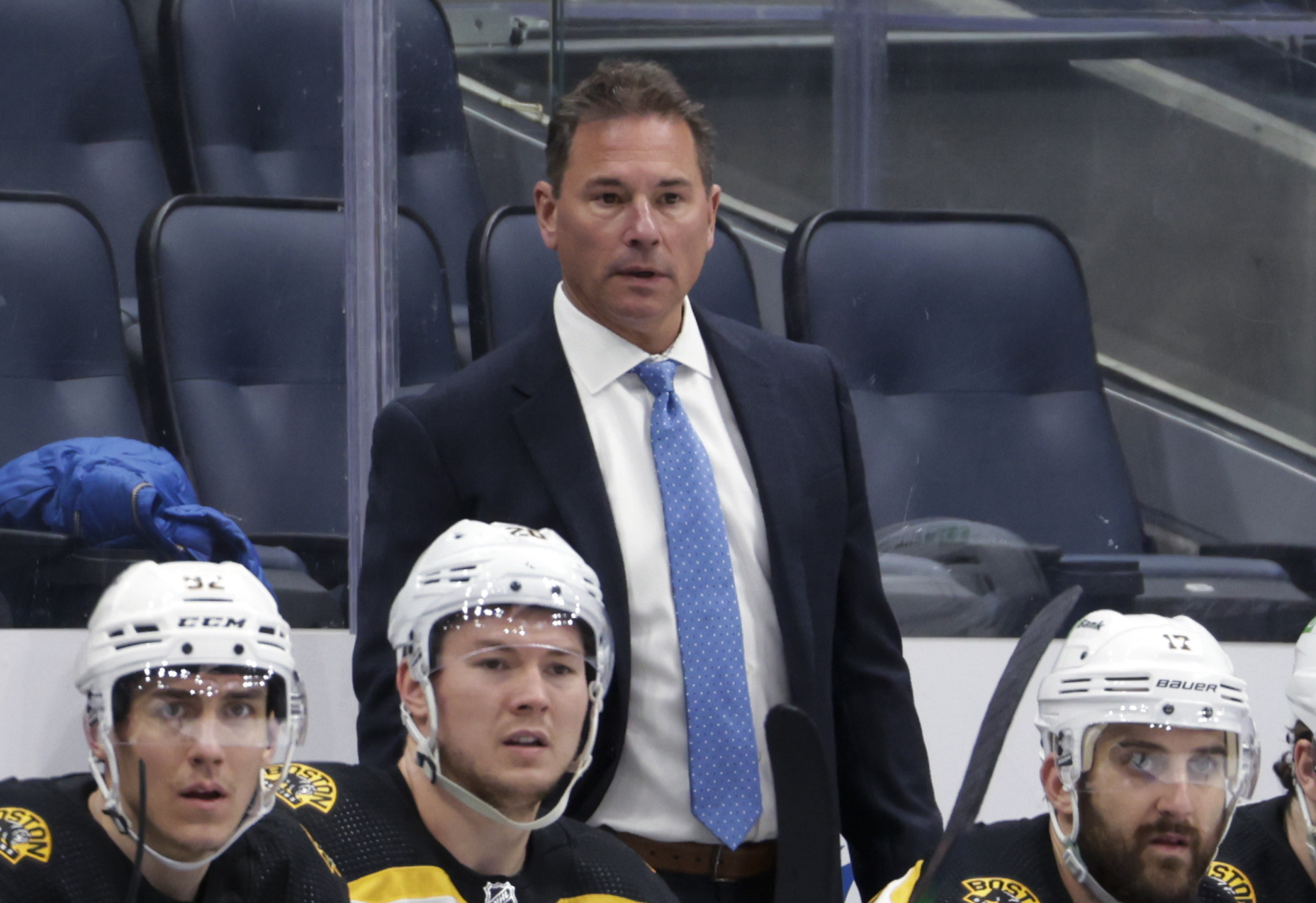 FILE - Boston Bruins coach Bruce Cassidy watches during the third period of the team's NHL hockey game against the New York Islanders on Feb. 17, 2022, in Elmont, N.Y. The Vegas Golden Knights named Cassidy as the team's coach Tuesday, June 14. 