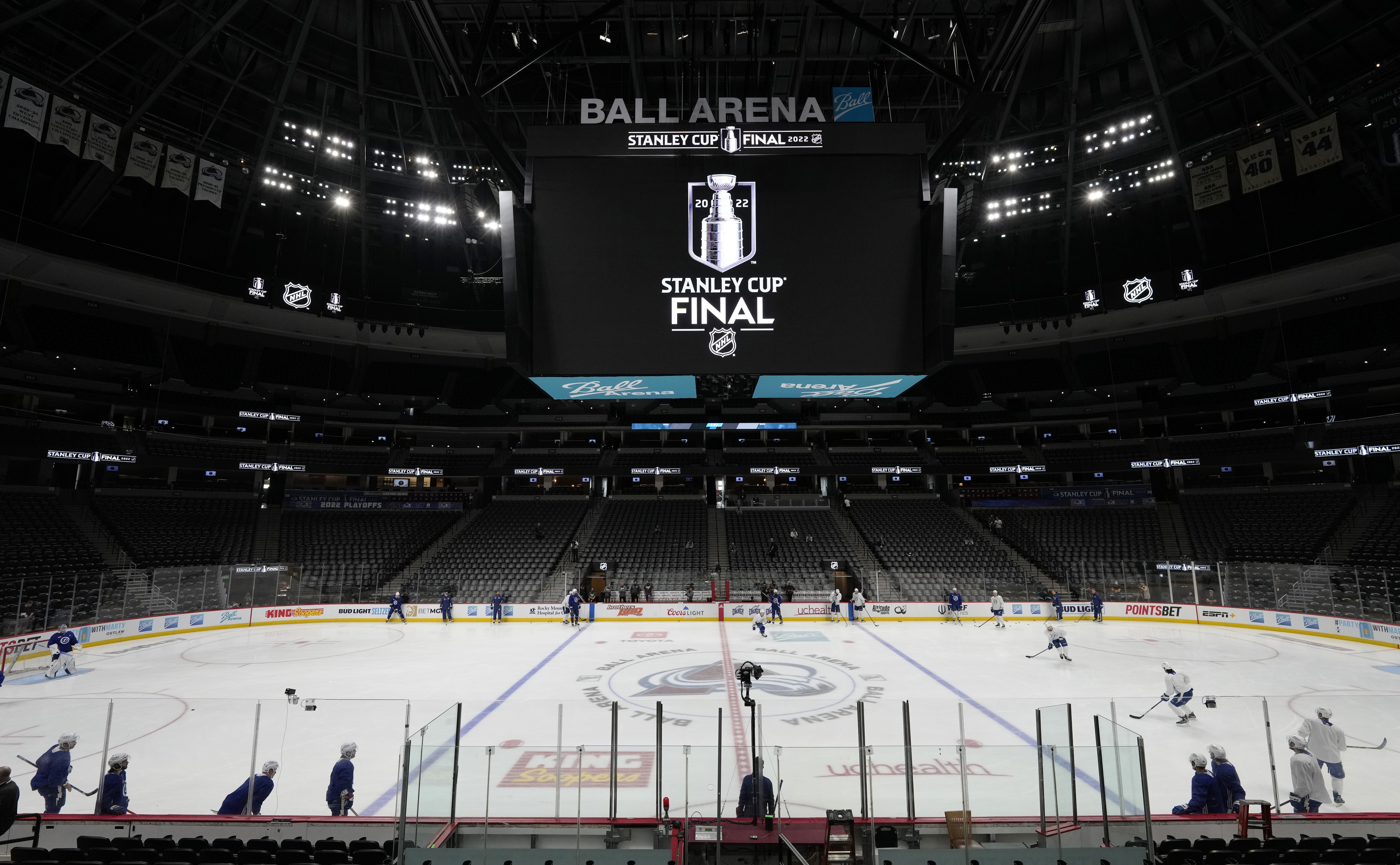 Tampa Bay Lightning players skate during an NHL hockey practice before Game 1 of the Stanley Cup Finals against the Colorado Avalanche, Tuesday, June 14, 2022, in Denver. 