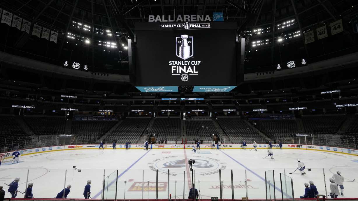 Tampa Bay Lightning players skate during an NHL hockey practice before Game 1 of the Stanley Cup Finals against the Colorado Avalanche, Tuesday, June 14, 2022, in Denver.
