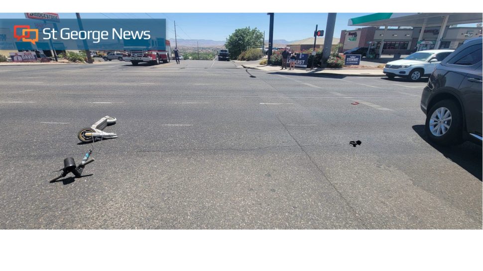 A car versus scooter collision scene at 1000 E. St. George Boulevard, in St. George, Tuesday.