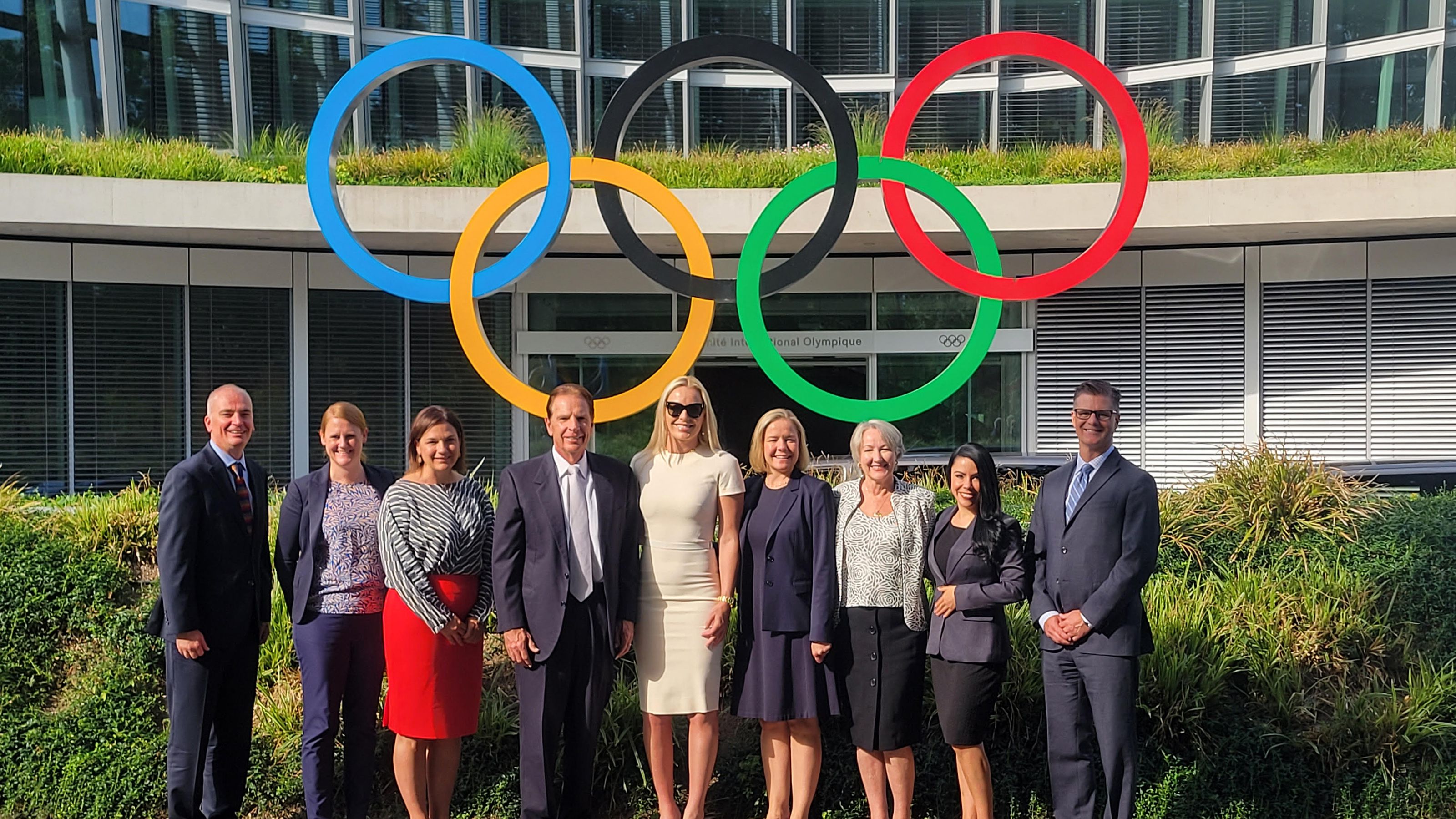 Members of the Salt Lake City-Utah Committee for the Games pose for a photo at the IOC’s headquarters in Switzerland on Wednesday. After a day of meetings with IOC officials at their headquarters in Switzerland, the head of Utah’s bid for another Winter Games said Wednesday there’s still “no definitive answer” on whether that’s for 2030 or 2034 — and may not be for a while.