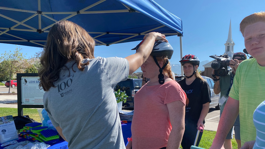 Primary Children's Hospital officials stress the importance of wearing helmets when participating in many different activities that could lead to a fall and possible head injuries during an event Wednesday in Lehi. 