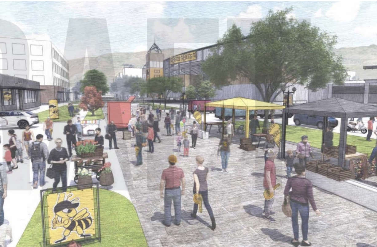 An artist rendering of the proposed "Festival Street" outside of Smith's Ballpark as a part of the Ballpark Station Area Plan.