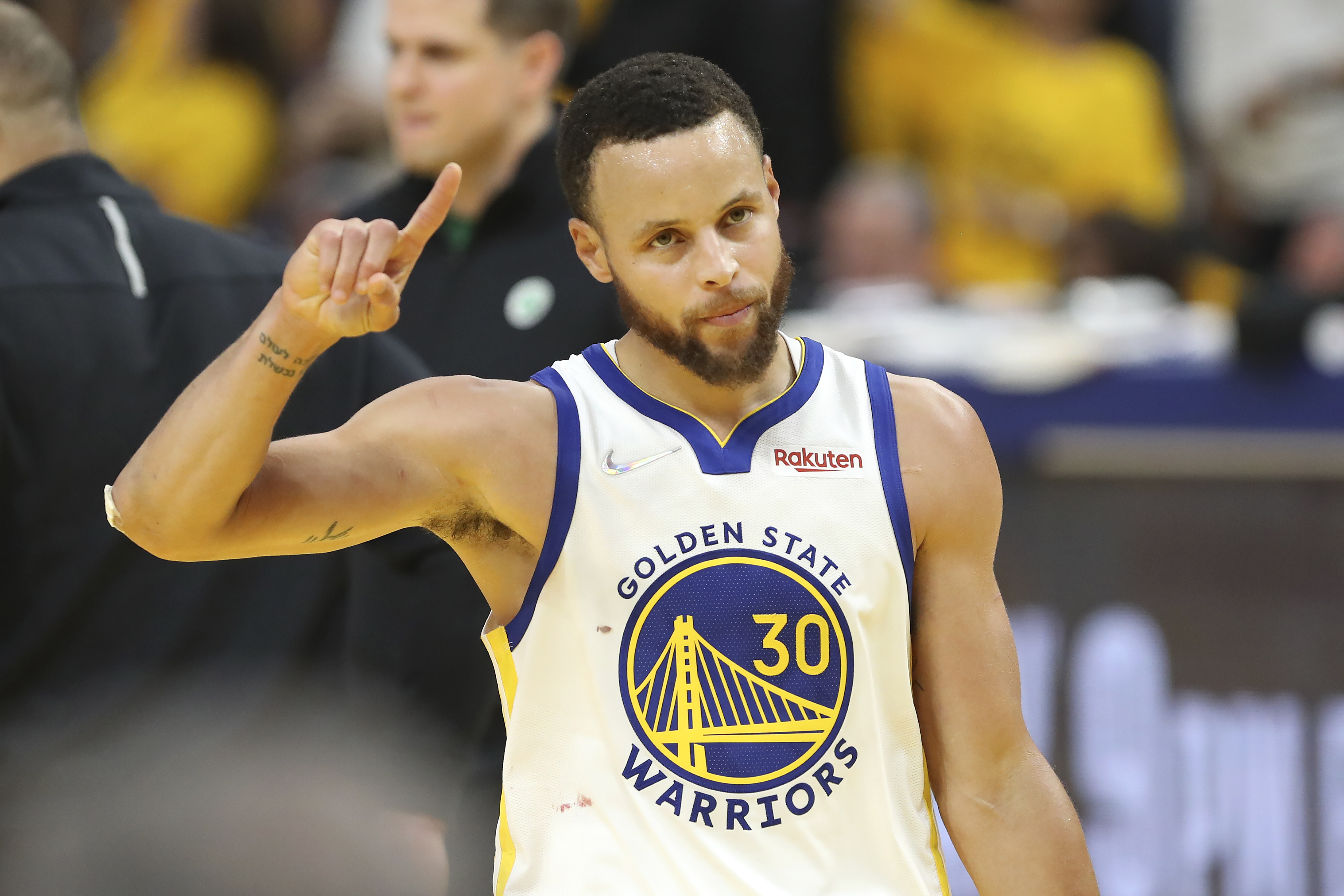 Golden State Warriors guard Stephen Curry (30) celebrates during the second half of Game 5 of basketball's NBA Finals against the Boston Celtics in San Francisco, Monday, June 13, 2022. 