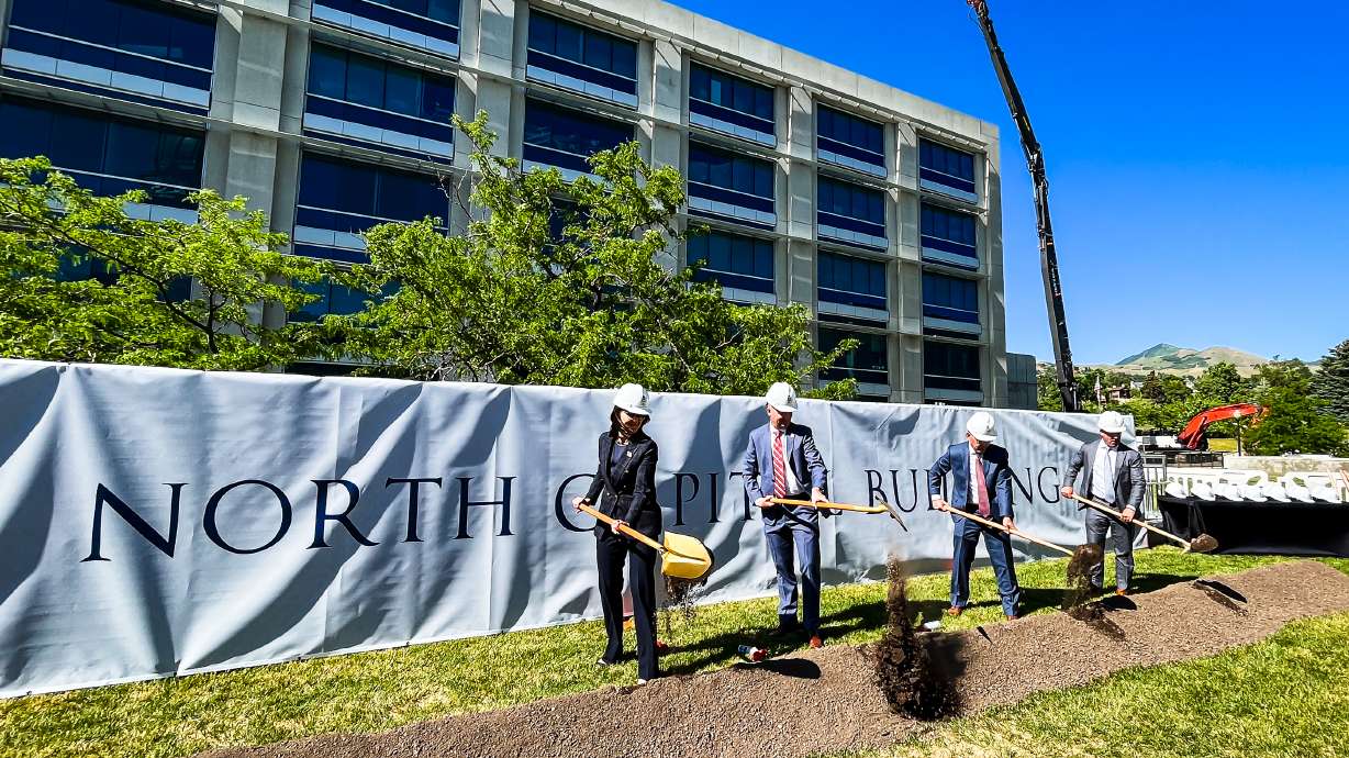 Utah Lt. Gov. Deidre Henderson, Gov. Spencer Cox, Senate President Stuart Adams and House Speaker Brad Wilson break ground on the North Capital Project on Wednesday afternoon. The project is expected to be completed by early 2026.