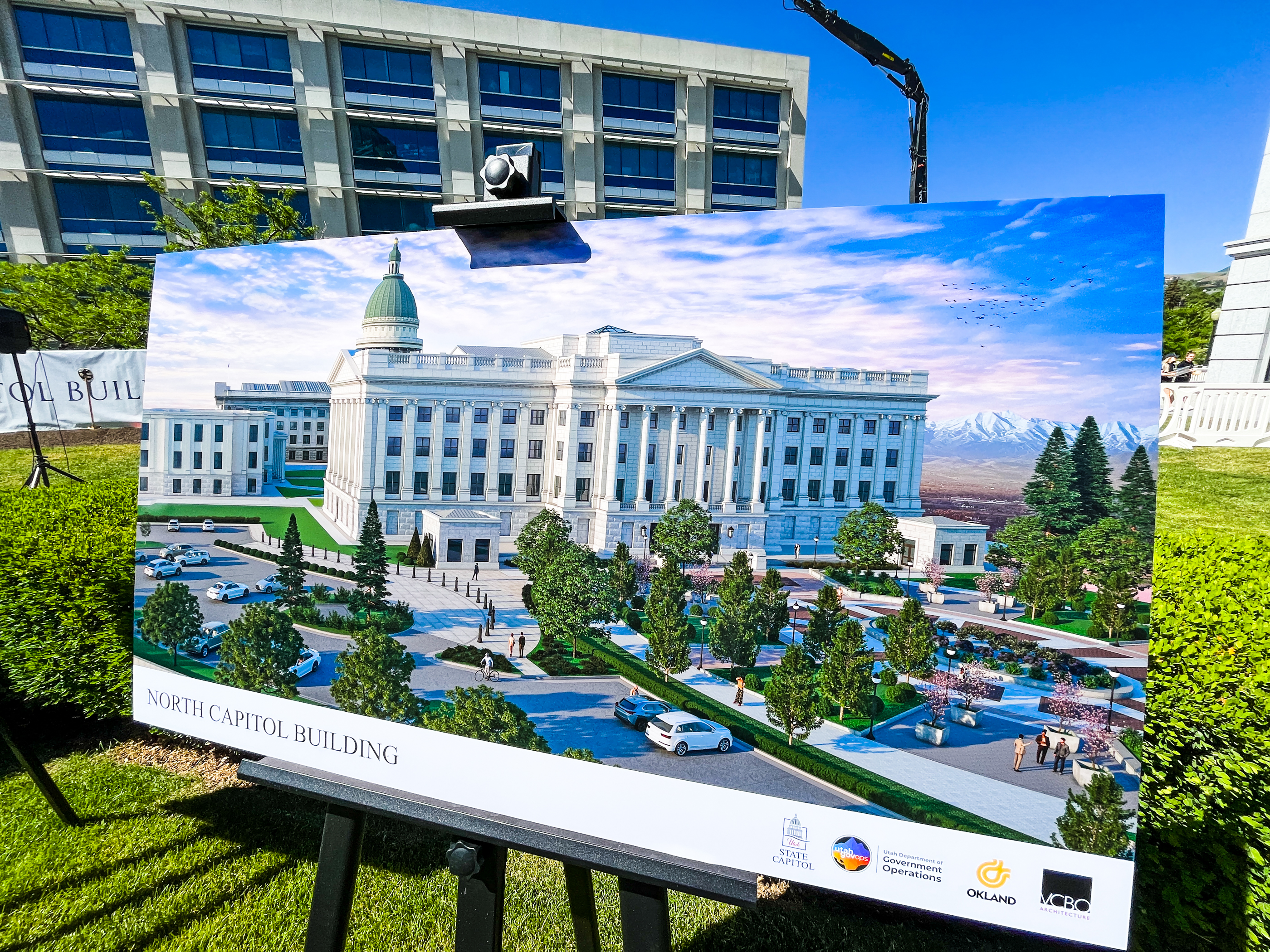 An artist rendering of the new Museum of Utah building placed in front of the old state office building before the demolition of the old building, on June 15, 2022. The new building is expected to open in 2026.
