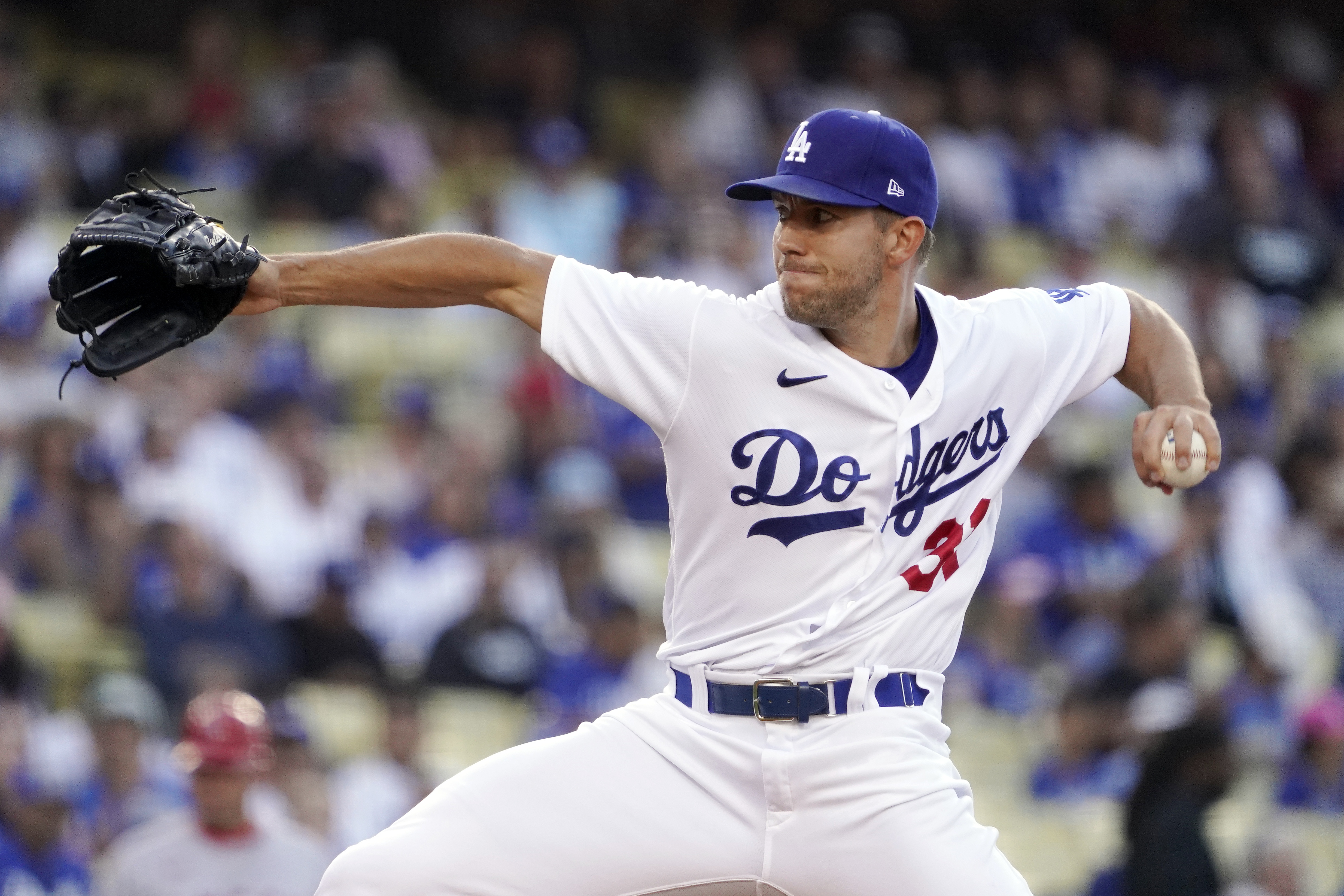Los Angeles Dodgers starting pitcher Tyler Anderson throws to the plate during the first inning of a baseball game against the Los Angeles Angels Wednesday, June 15, 2022, in Los Angeles. 