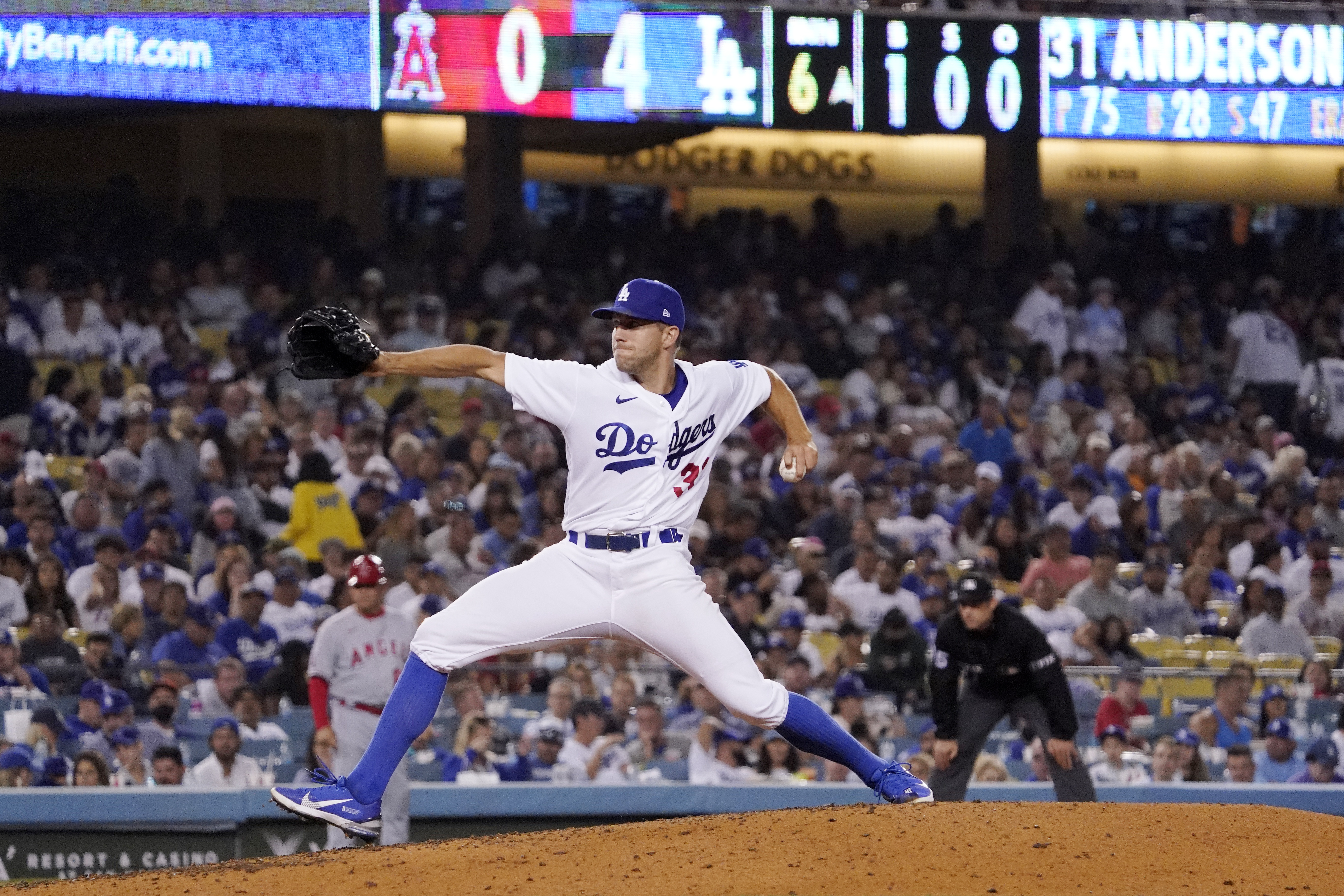 Los Angeles Dodgers starting pitcher Tyler Anderson throws to the plate during the sixth inning of a baseball game against the Los Angeles Angels Wednesday, June 15, 2022, in Los Angeles. 