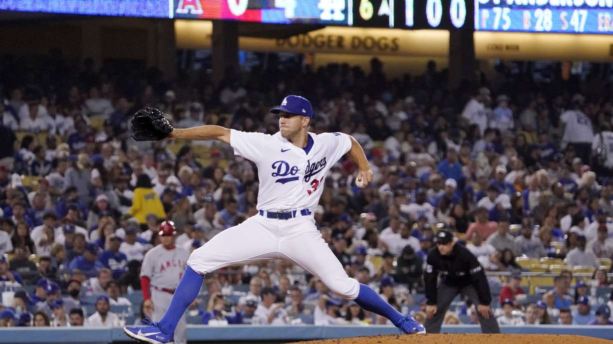 Los Angeles Dodgers starting pitcher Tyler Anderson throws to the plate during the sixth inning of a baseball game against the Los Angeles Angels Wednesday, June 15, 2022, in Los Angeles.