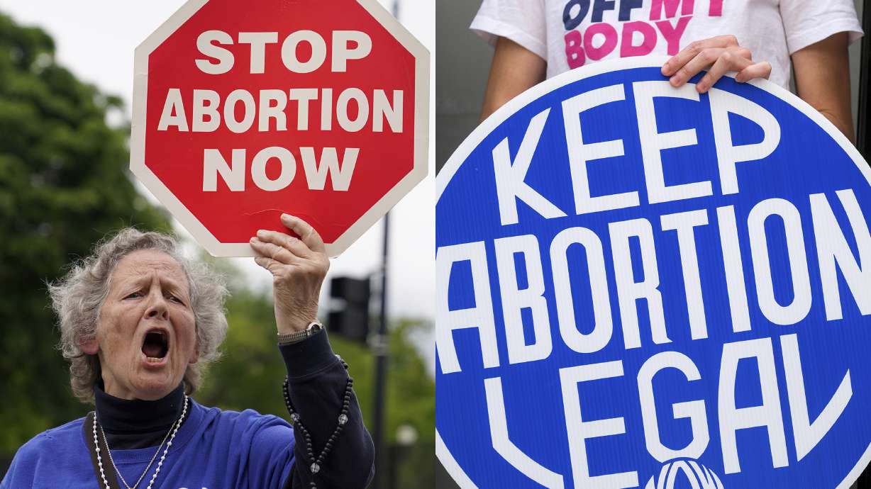 A woman holds a sign saying "stop abortion now," at a protest outside of the U.S. Supreme Court in Washington on May 5, left, and another woman holds a sign during a news conference for reproductive rights in response to the leaked draft of the Supreme Court's opinion to overturn Roe v. Wade, in West Hollywood, Calif., on March 3.