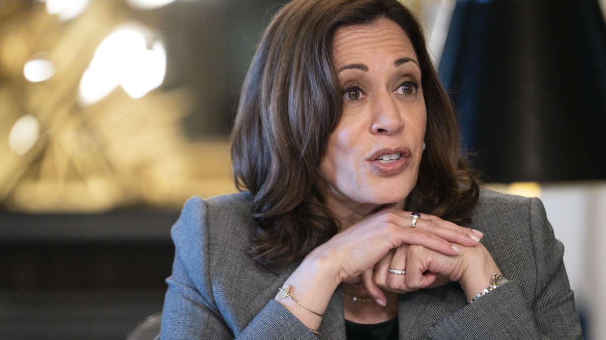Vice President Kamala Harris speaks during a meeting about abortion rights and Roe v. Wade, Tuesday, June 14, 2022, from her ceremonial office at the Eisenhower Executive Office Building on the White House complex in Washington.