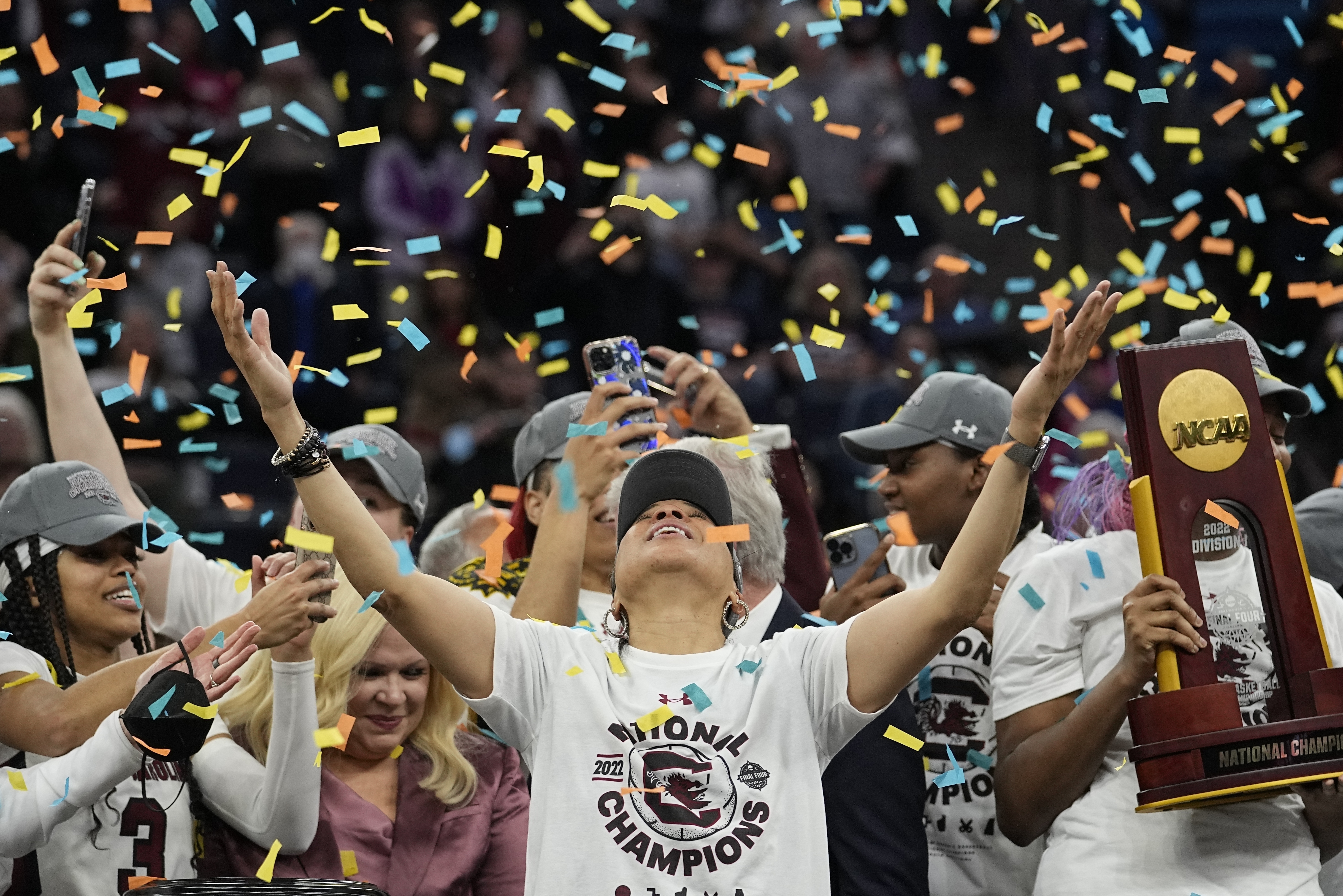 FILE - South Carolina head coach Dawn Staley celebrates after a college basketball game in the final round of the Women's Final Four NCAA tournament against UConn Sunday, April 3, 2022, in Minneapolis. South Carolina won 64-49 to win the championship. 