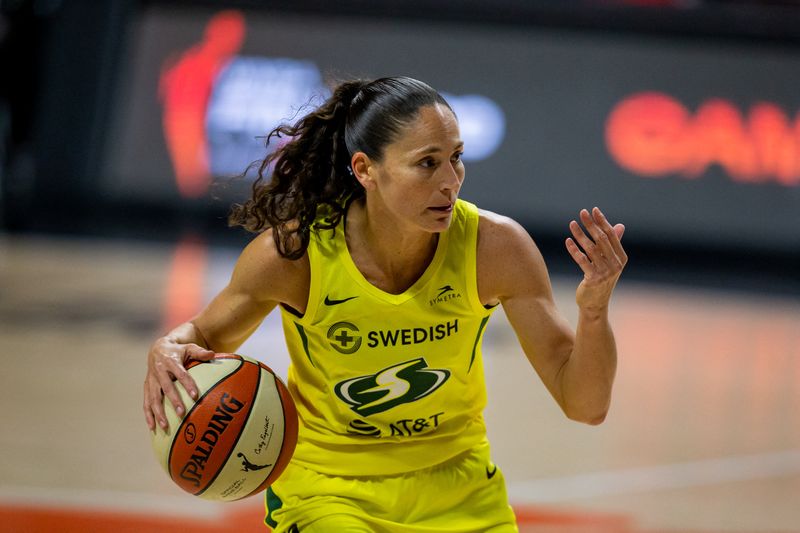 FILE PHOTO: Oct 4, 2020; Bradenton, Florida, USA; Seattle Storm guard Sue Bird (10) directs traffic during game two of the 2020 WNBA Finals at IMG Academy.