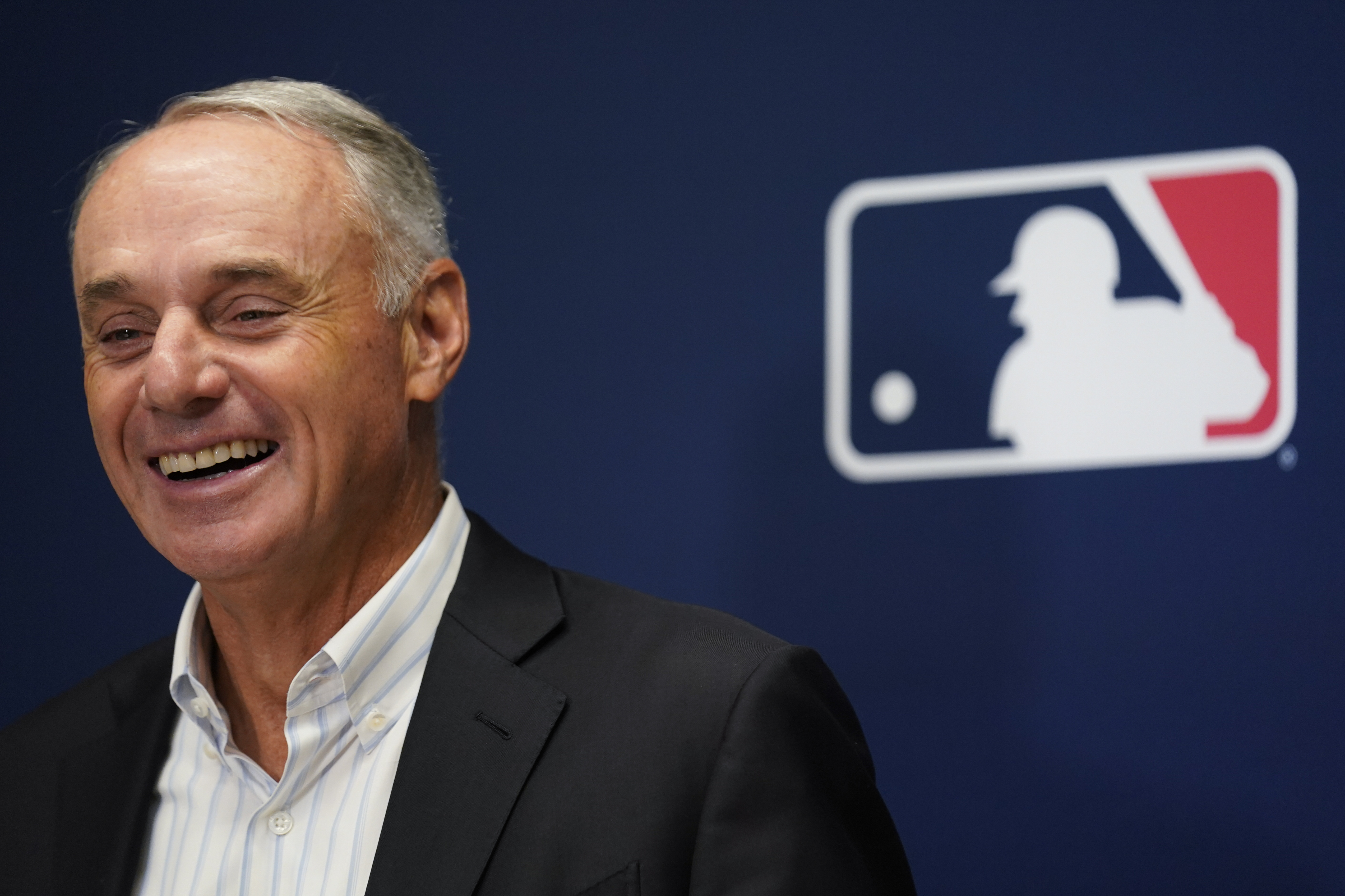 Major League Baseball Commissioner Rob Manfred speaks to reporters following an owners' meeting at MLB headquarters in New York, Thursday, June 16, 2022. 