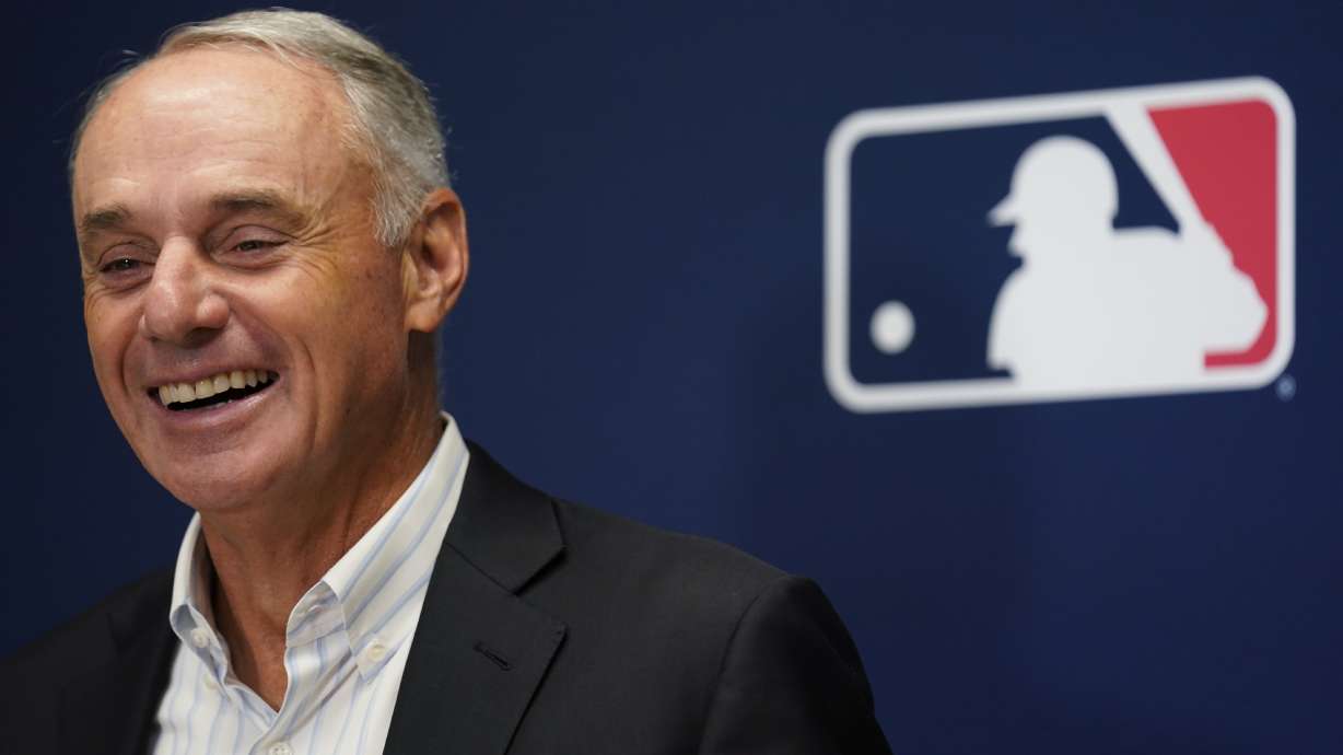 Major League Baseball Commissioner Rob Manfred speaks to reporters following an owners' meeting at MLB headquarters in New York, Thursday, June 16, 2022.