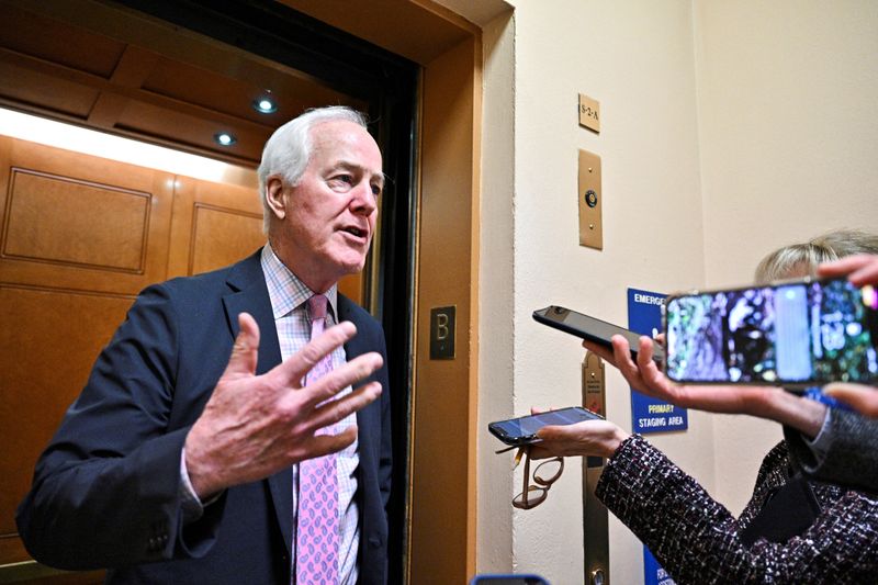 U.S. Senator John Cornyn, R-Texas, speaks with reporters at the U.S. Capitol in Washington, February 17. Cornyn walked out of the talks on Thursday, raising questions about whether lawmakers will vote on the legislation before leaving for a two-week July 4 recess.