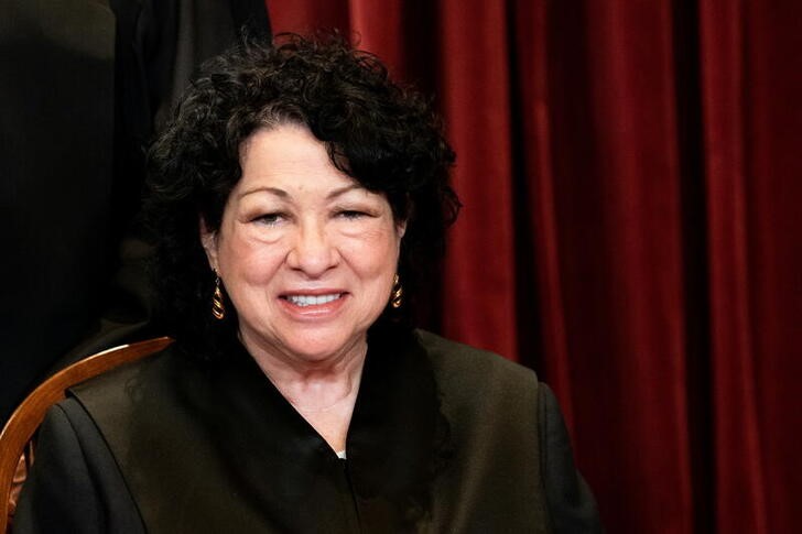 Associate Justice Sonia Sotomayor poses during a group photo of the Justices at the Supreme Court in Washington, April 23, 2021. Sotomayor said on Thursday the U.S. Supreme Court's "mistakes" in high-profile cases can be corrected over time as she adopted a positive tone ahead of a decision in which its conservative majority is expected to curtail abortion rights.