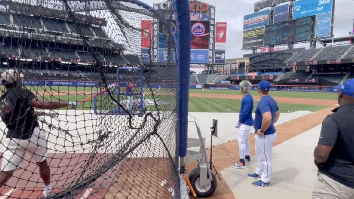 Donovan Mitchell hits at Mets batting practice on Thursday.