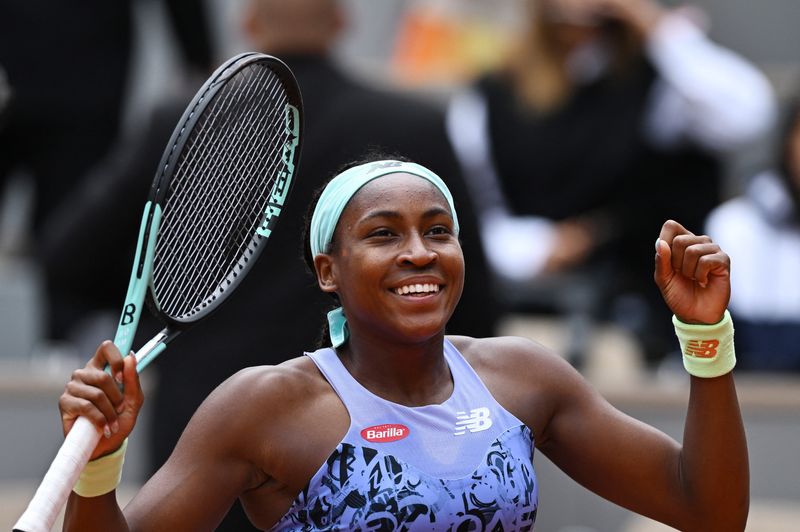 FILE PHOTO: Tennis - French Open - Roland Garros, Paris, France - May 29, 2022 Coco Gauff of the U.S. celebrates winning her fourth round match against Belgium's Elise Mertens