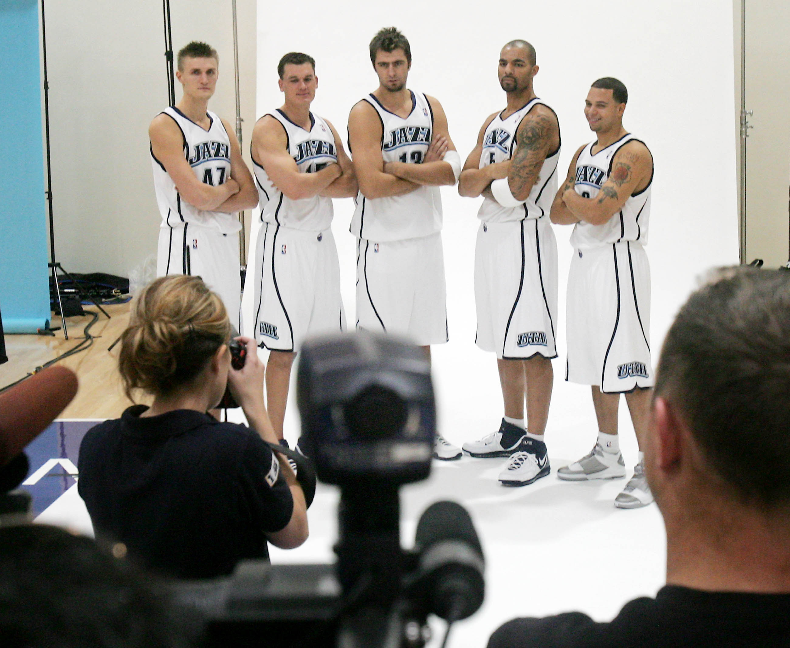 Utah Jazz players (l to r) Andrei Kirilenko, Matt Harpring, Mehmet Okur, Carlos Boozer and Deron Williams pose for a photo during Jazz media day October 2, 2006.