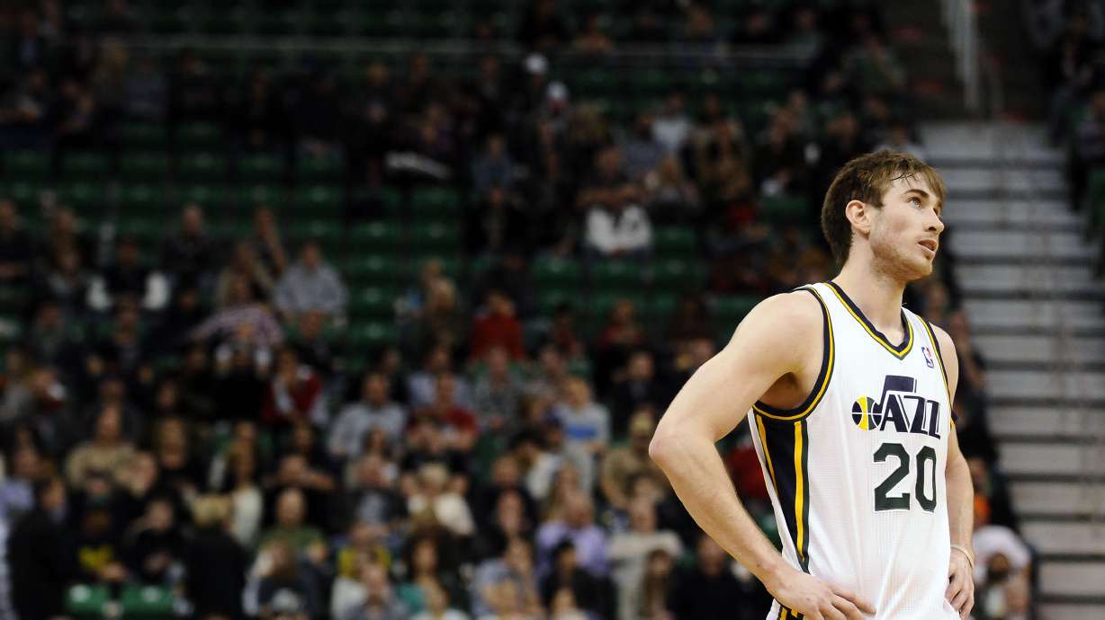 Utah Jazz shooting guard Gordon Hayward (20) checks the scoreboard after being called for a foul during a game between the Utah Jazz and Minnesota Timberwolves at EnergySolutions Arena on Tuesday, January 21, 2014.