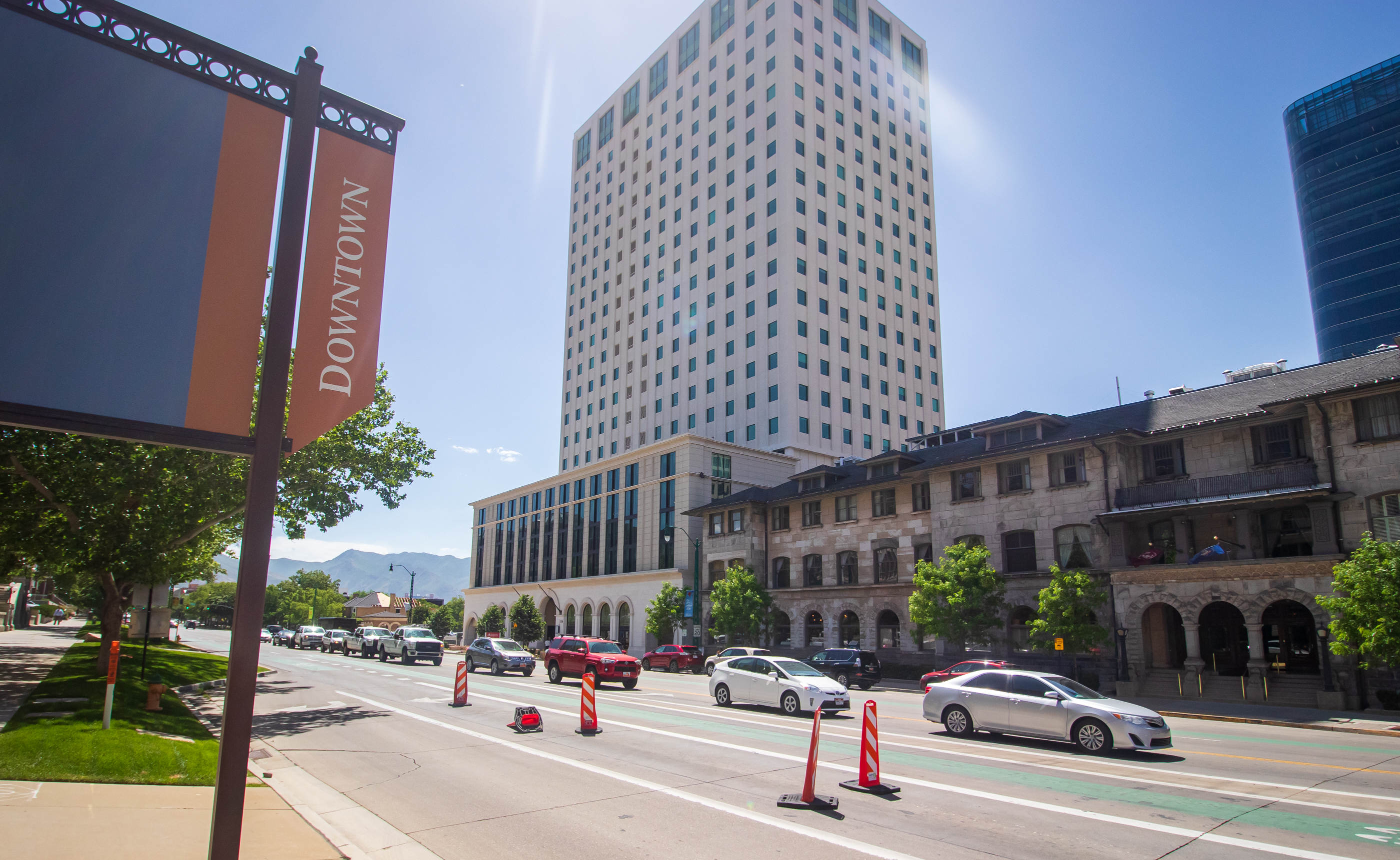 Vehicles travel past the South Temple Tower in downtown Salt Lake City on Friday. The 56-year-old office building is set to be renovated and turned into new housing.