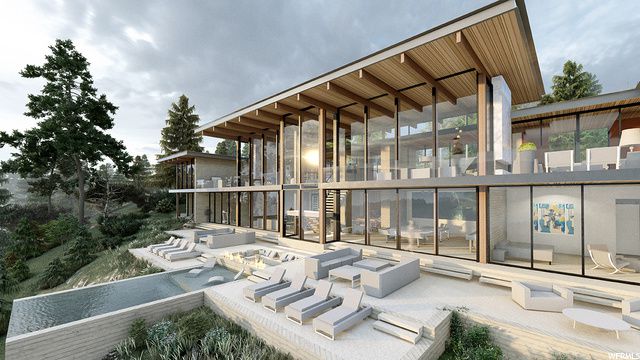 A rendering depicts the Fjell House sitting on a 2.79-ace mountainside property in Deer Valley, Utah. The property is listed for sale at $27.3 million.