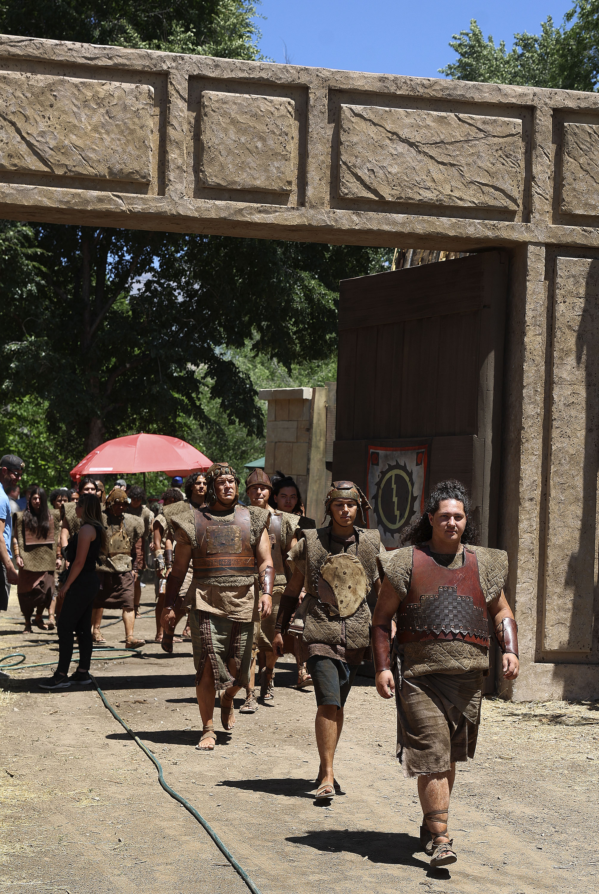 Stripling warriors walk to the set during the final filming season of The Church of Jesus Christ of Latter-day Saints’ production of the Book of Mormon videos at the  LDS Motion Picture Studios South in Provo on Friday.