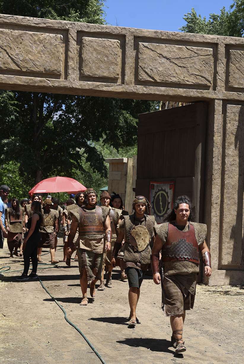Stripling warriors walk to the set during the final filming season of The Church of Jesus Christ of Latter-day Saints’ production of the Book of Mormon videos at the LDS Motion Picture Studios South in Provo on Friday.