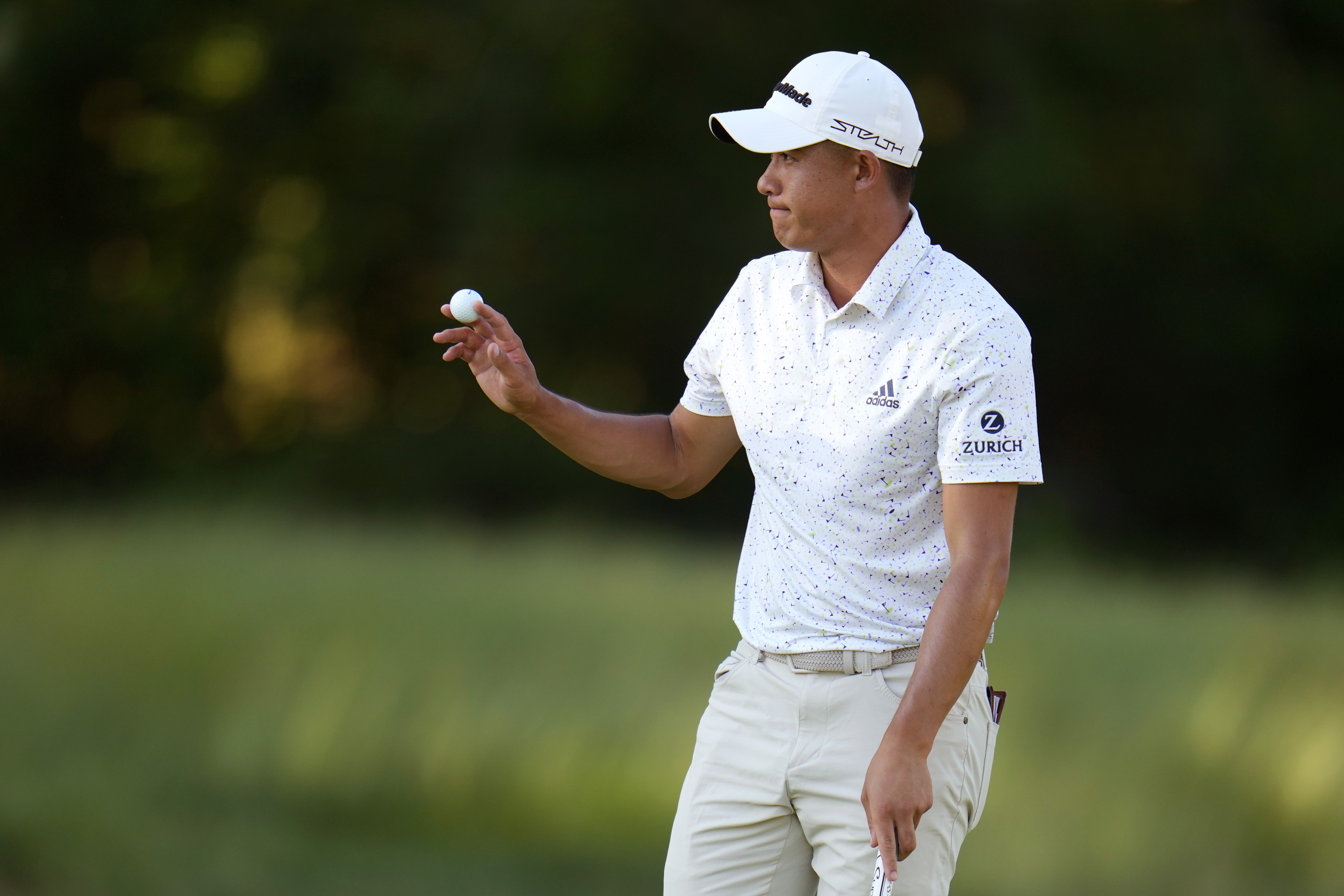 Collin Morikawa reacts after putting on the ninth hole during the second round of the U.S. Open golf tournament at The Country Club, Friday, June 17, 2022, in Brookline, Mass. 