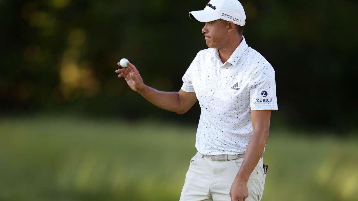 Collin Morikawa reacts after putting on the ninth hole during the second round of the U.S. Open golf tournament at The Country Club, Friday, June 17, 2022, in Brookline, Mass.