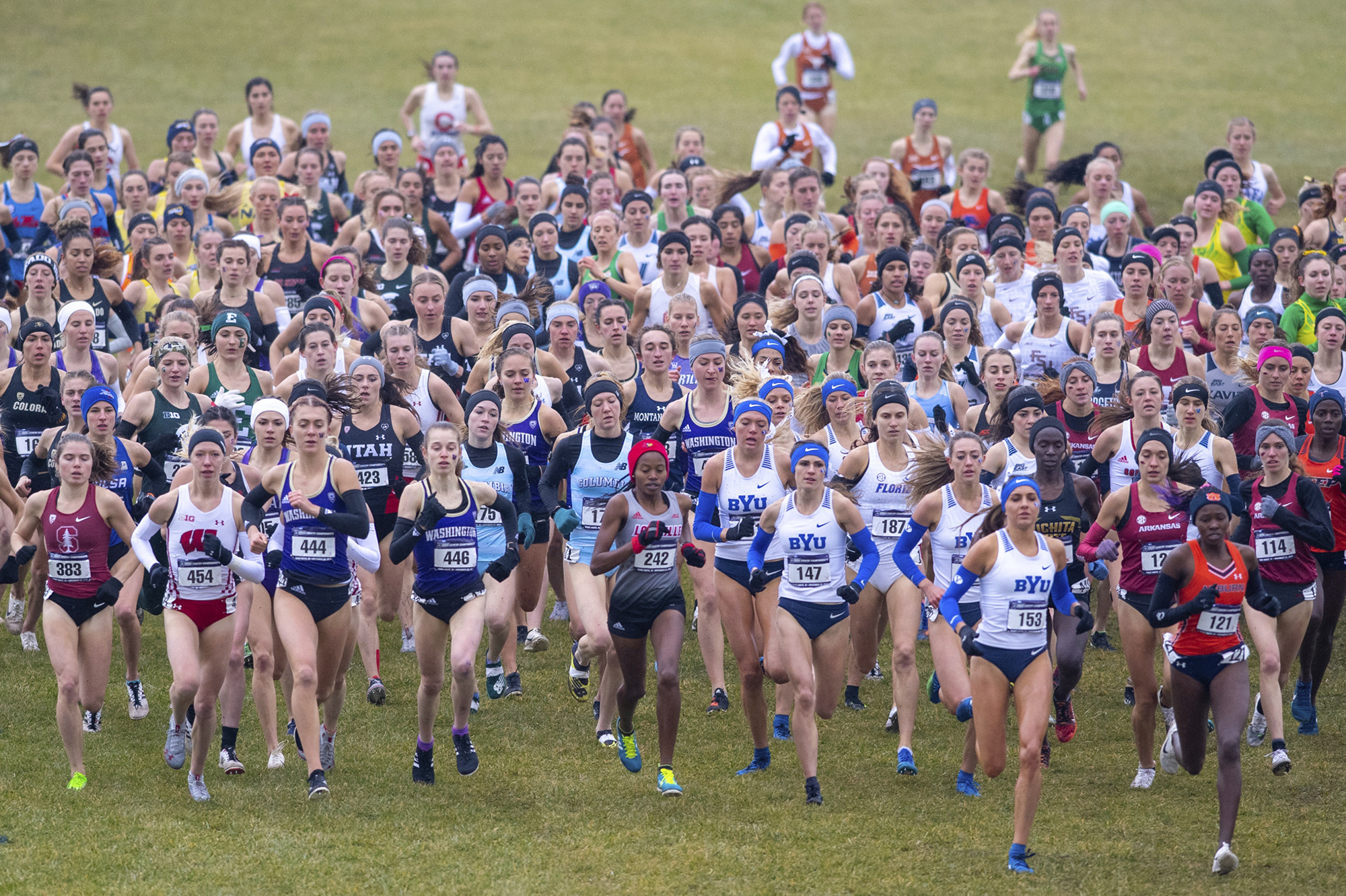 FILE - The field of runners compete in the women's NCAA Division I Cross-Country Championships, Saturday, Nov. 23, 2019, in Terre Haute, Ind. The pandemic shutdown created financial pressures, particularly for Division I programs with lost revenue from the cancellation of the NCAA men’s basketball tournament and uncertainty about whether football –- which largely funds schools’ abilities to offer Olympic and lower-profile sports programs –- would go forward at all.