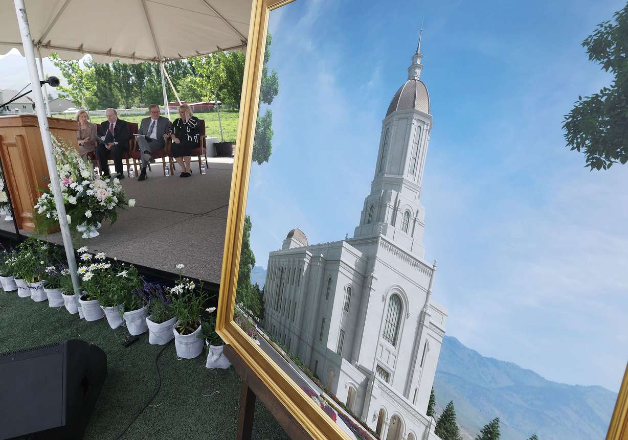 Elder Quentin L. Cook and Elder Gary E. Stevenson, of the Quorum of the Twelve Apostles of The Church of Jesus Christ of Latter-day Saints, and their wives Sister Lesa Stevenson and Sister Mary Cook, attend the groundbreaking for the Smithfield Utah Temple in Smithfield, Cache County, on Saturday.